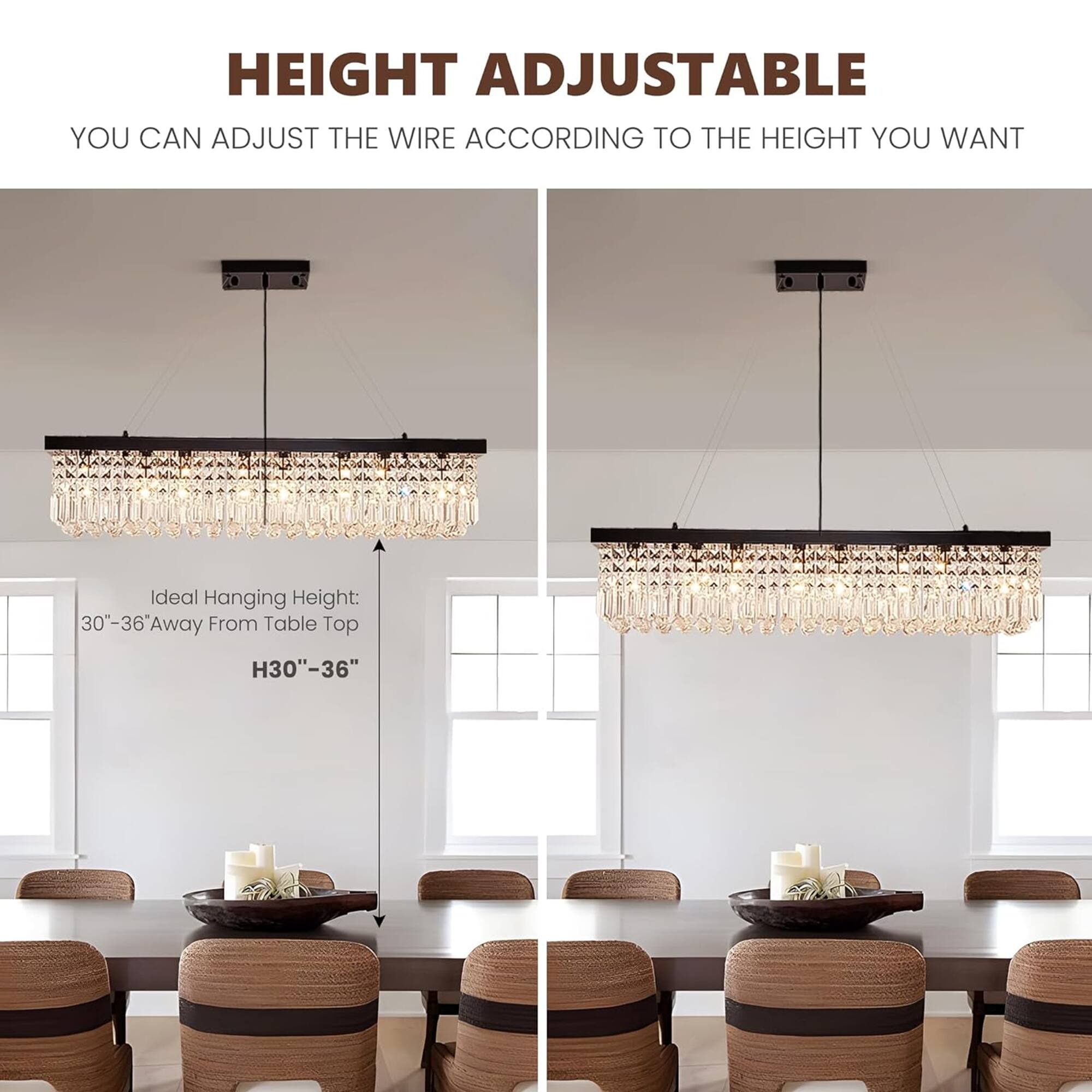 HEIGHT ADJUSTABLE  
YOU CAN ADJUST THE WIRE ACCORDING TO THE HEIGHT YOU WANT  

Ideal Hanging Height: 30"-36" Away From Table Top  
H30"-36"