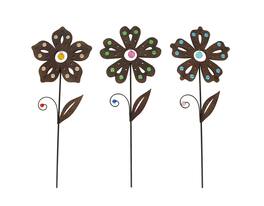 Zeckos - Set of 3 Rustic Brown Metal Flower Garden Stakes With Colorful Jewel Accents 18 Inches High - Multicolored