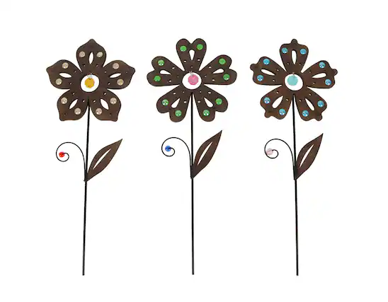 Front. Zeckos - Set of 3 Rustic Brown Metal Flower Garden Stakes With Colorful Jewel Accents 18 Inches High - Multicolored.