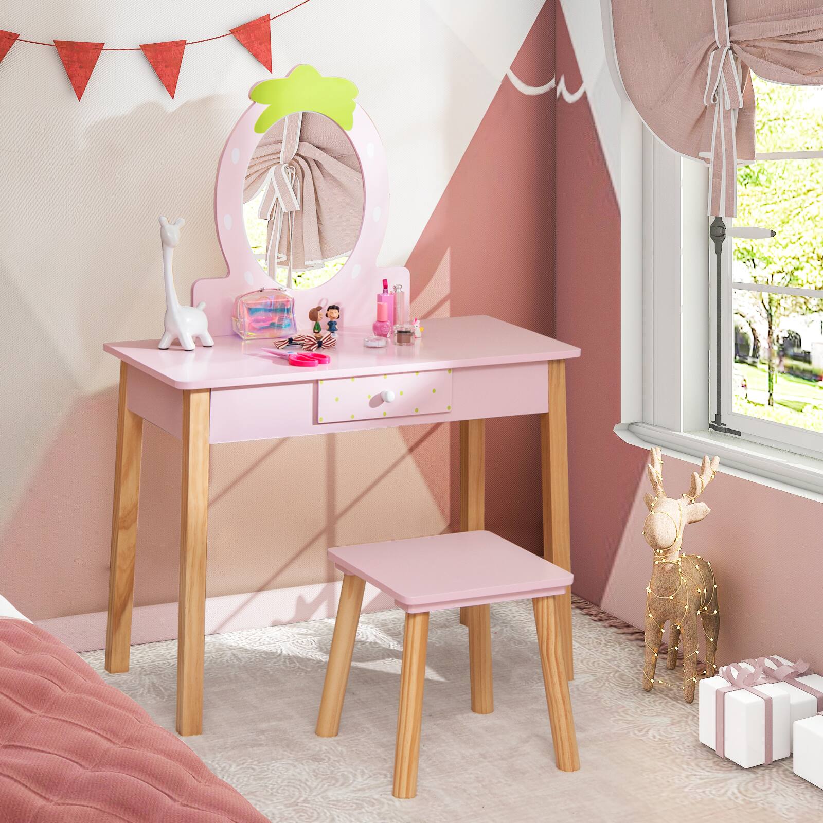 Alt View 1. Costway - Costway Kid Vanity Table Stool Set with Mirror Wooden Legs Storage Drawer - White,Pink.