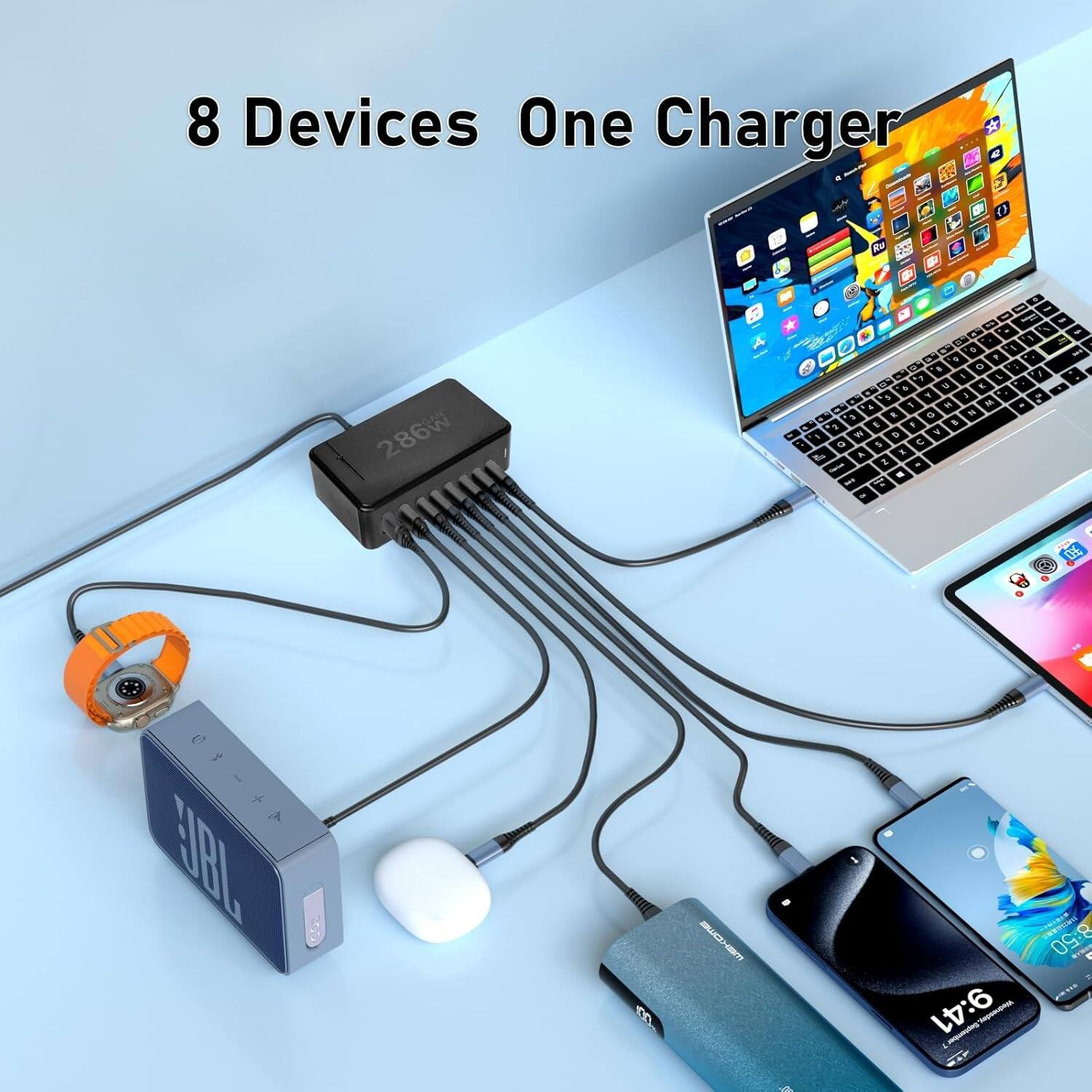 8 Devices One Charger, 286w, 2C, JBL, 6.4