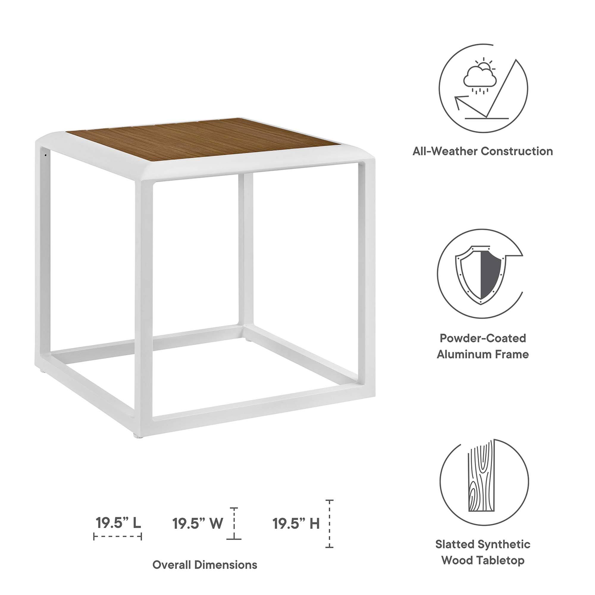 All-Weather Construction  
Powder-Coated Aluminum Frame  
Slatted Synthetic Wood Tabletop  

Overall Dimensions:  
19.5" L x 19.5" W x 19.5" H