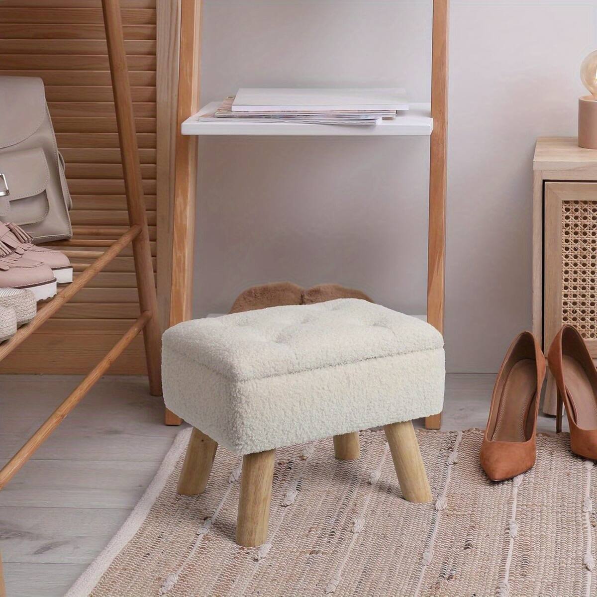 Alt View 3. Oumilen - Beige Tufted Teddy Fleece Storage Ottoman – 4 Natural Wood Legs Multifunctional Bench for Entryway Bedroom - Beige.
