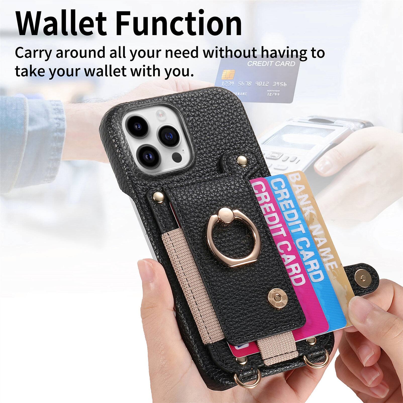 Wallet Function  
Carry around all your needs without having to take your wallet with you.  

CREDIT CARD  
1234 5678 9012 3456  
12/99  

CREDIT CARD  
BANK NAME  
CREDIT CARD  
CREDIT CARD