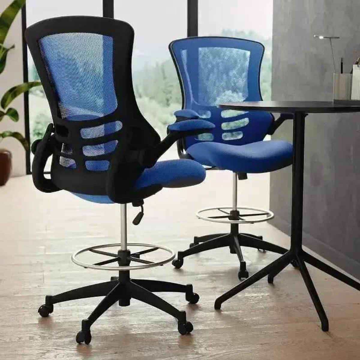 Back. Emma + Oliver - Mid-Back Mesh Ergonomic Drafting Chair with Foot Ring and Flip-Up Arms - Red Mesh/Black Frame.