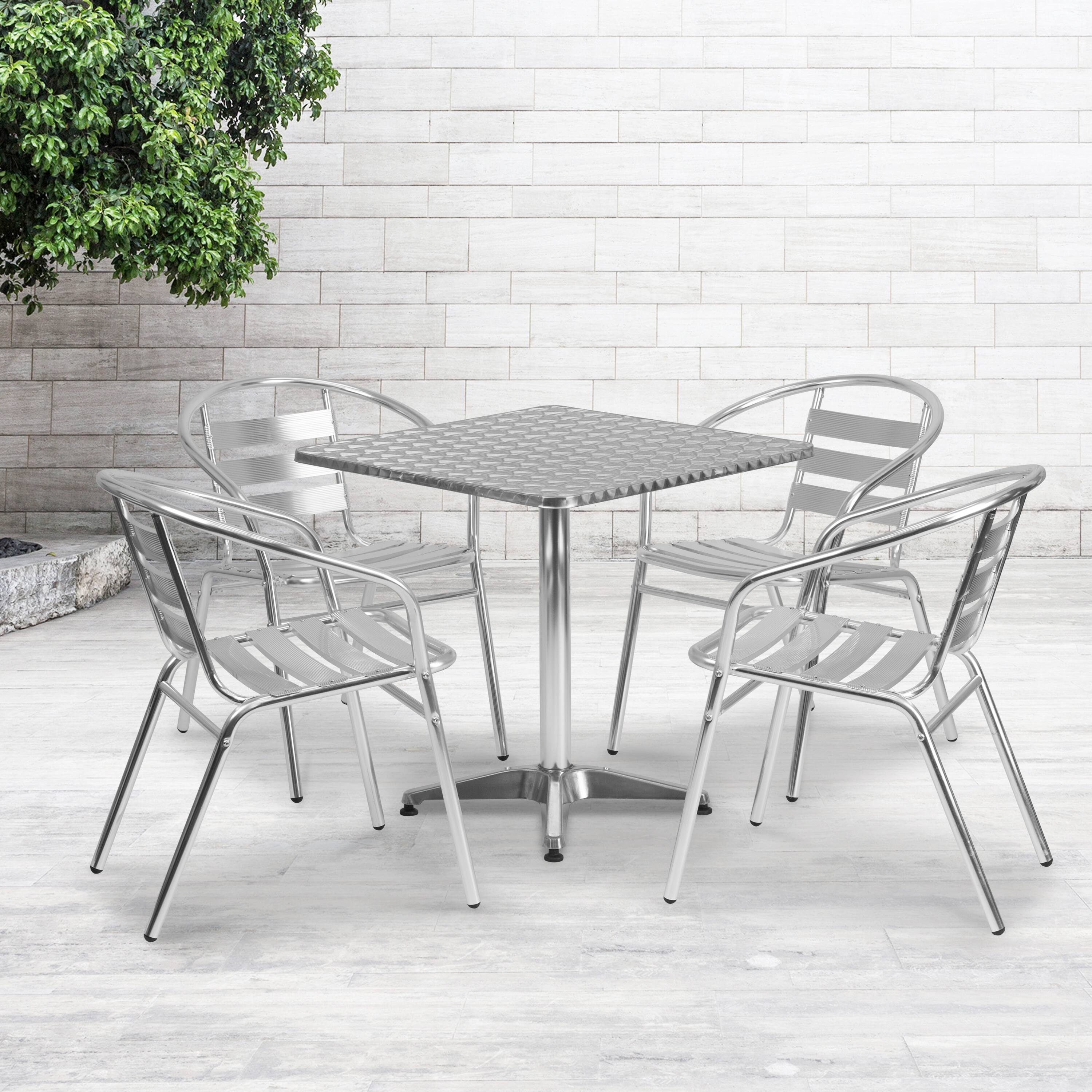 Alt View 1. Emma + Oliver - 27.5'' Square Aluminum Indoor-Outdoor Table Set with 4 Slat Back Chairs - Aluminum.