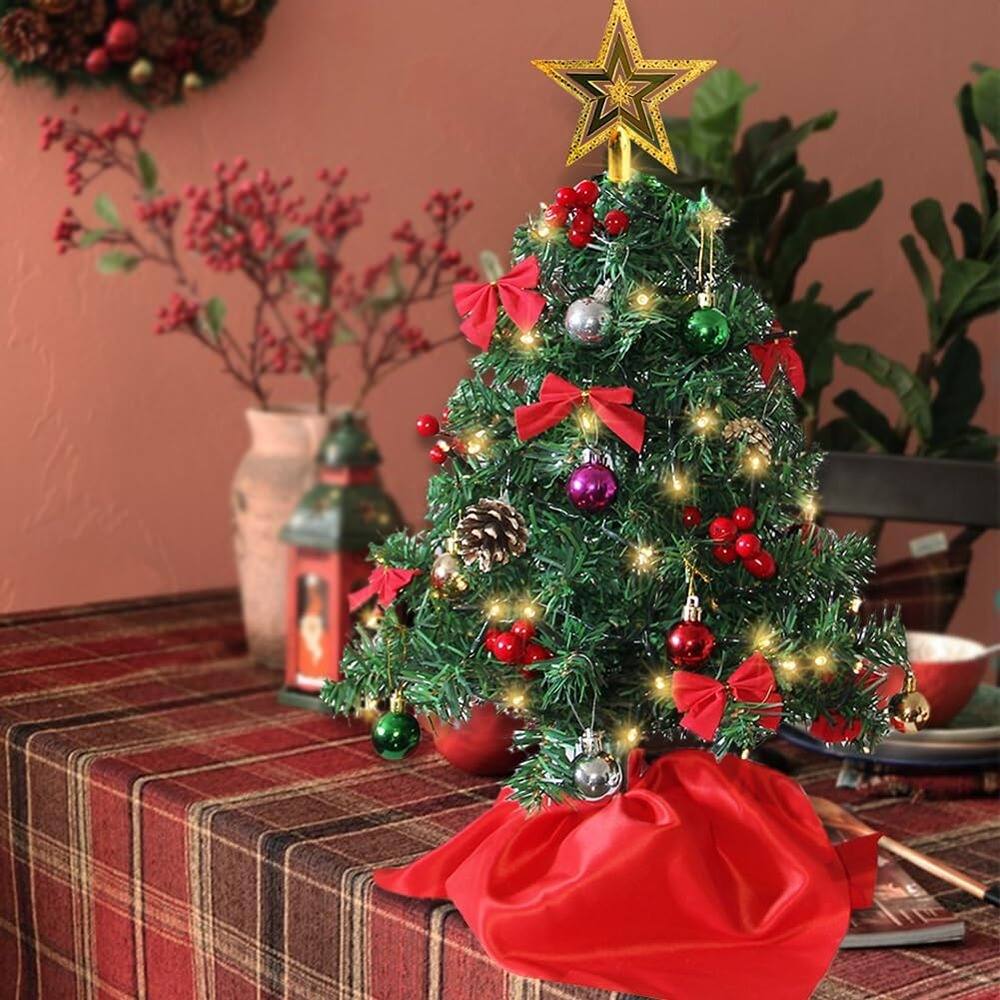 Alt View 1. RTMB - 24" Mini Artificial Christmas Tree Set, Pre-Lit with Ornaments, Tabletop Decor - Green.