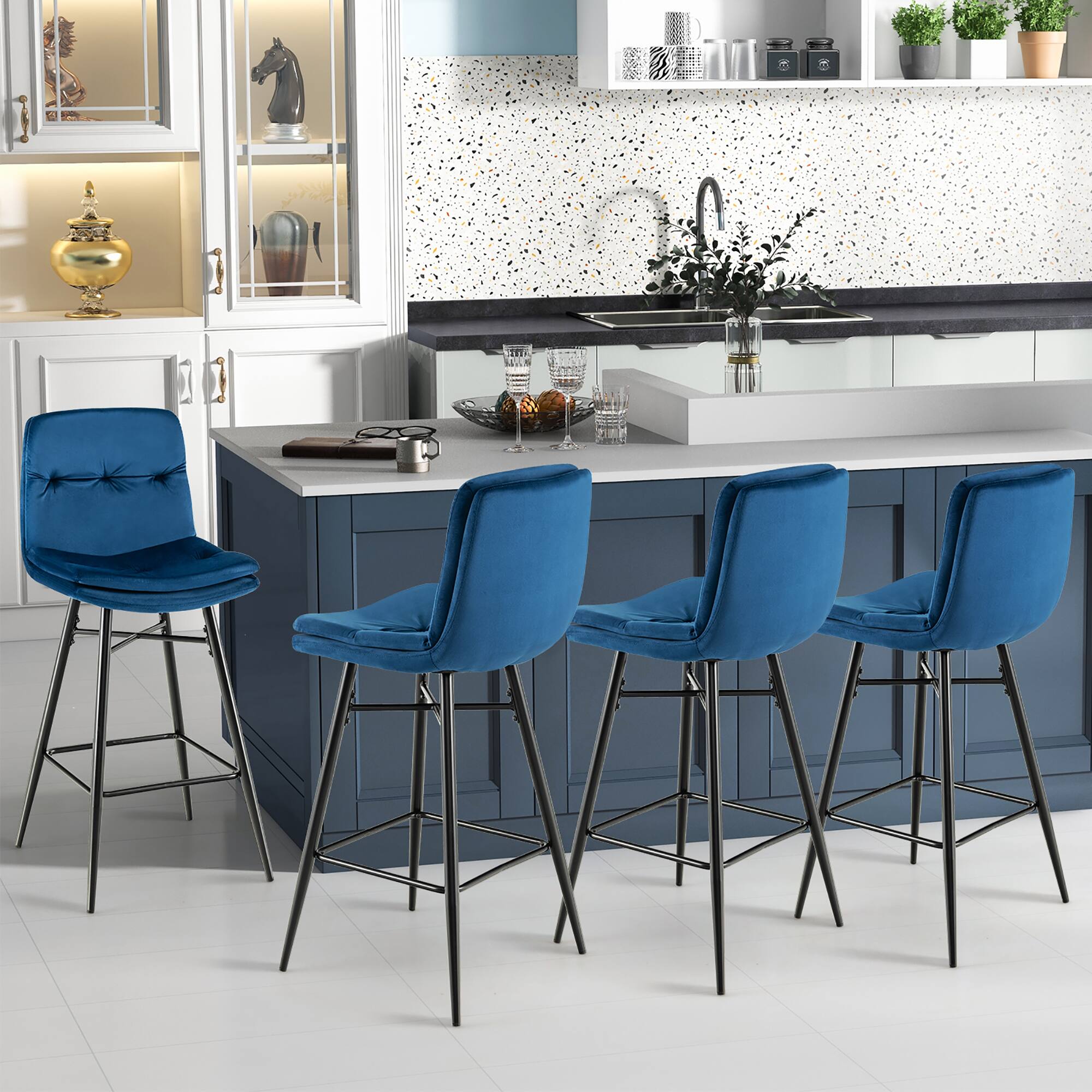Alt View 1. Costway - Set of 2 Velvet Bar Stools Bar Height Kitchen Dining Chairs with Metal Legs - Blue.