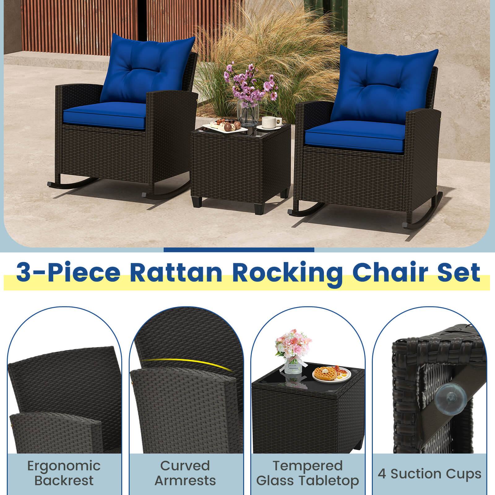 3-Piece Rattan Rocking Chair Set Ergonomic Backrest Curved Armrests Tempered Glass Tabletop 4 Suction Cups
