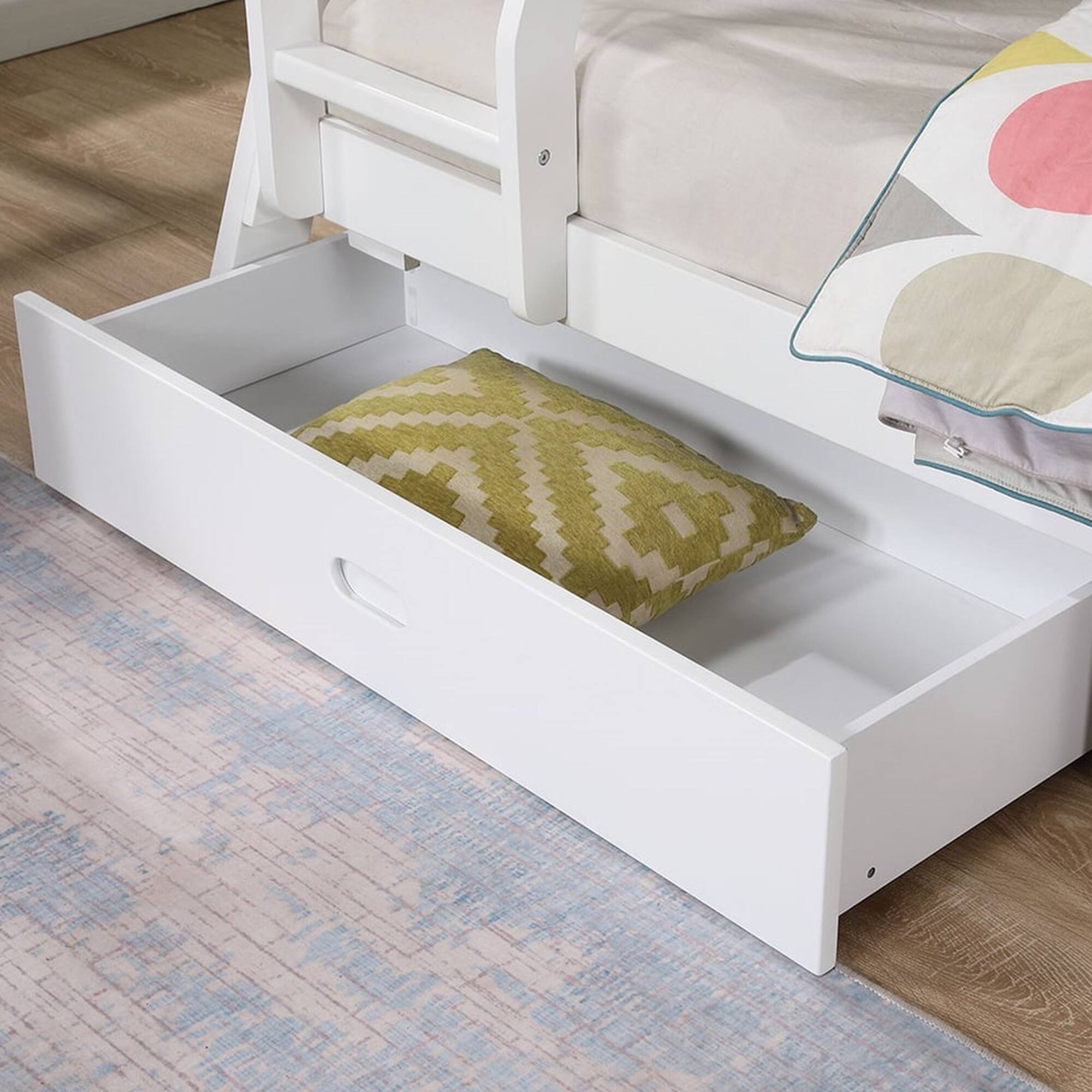 Alt View 2. Vaczon - Twin/Full Bunk Bed, Solid Wood Construction, Safety Guardrails and Built-In Underbed Storage Drawers - White.
