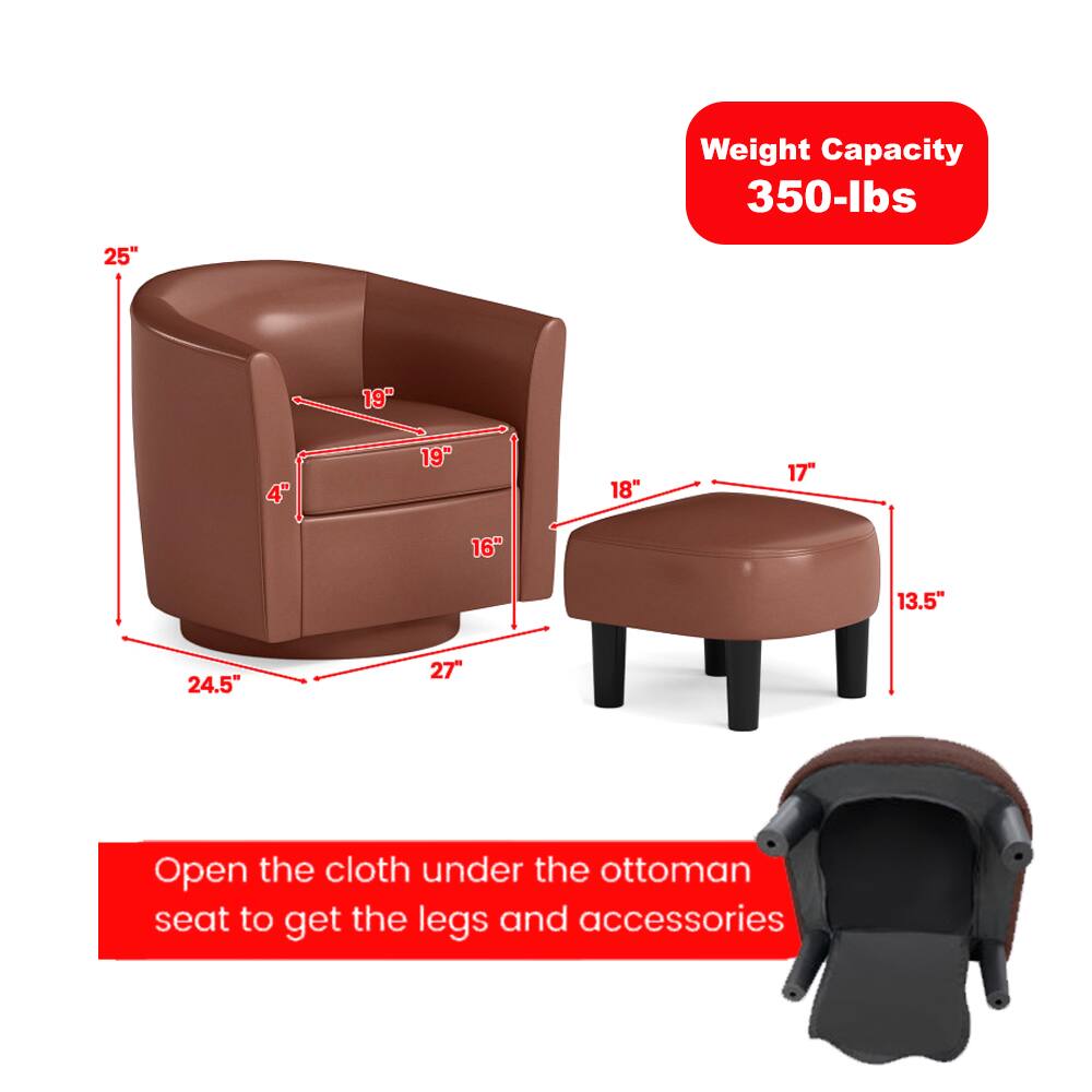 Weight Capacity: 350-lbs

Dimensions:
- Height: 25"
- Width: 27"
- Depth: 24.5"
- Seat Height: 18"
- Seat Depth: 19"
- Seat Width: 19"
- Armrest Height: 4"
- Ottoman Height: 17"
- Ottoman Depth: 13.5"

Instructions:
Open the cloth under the ottoman seat to get the legs and accessories.