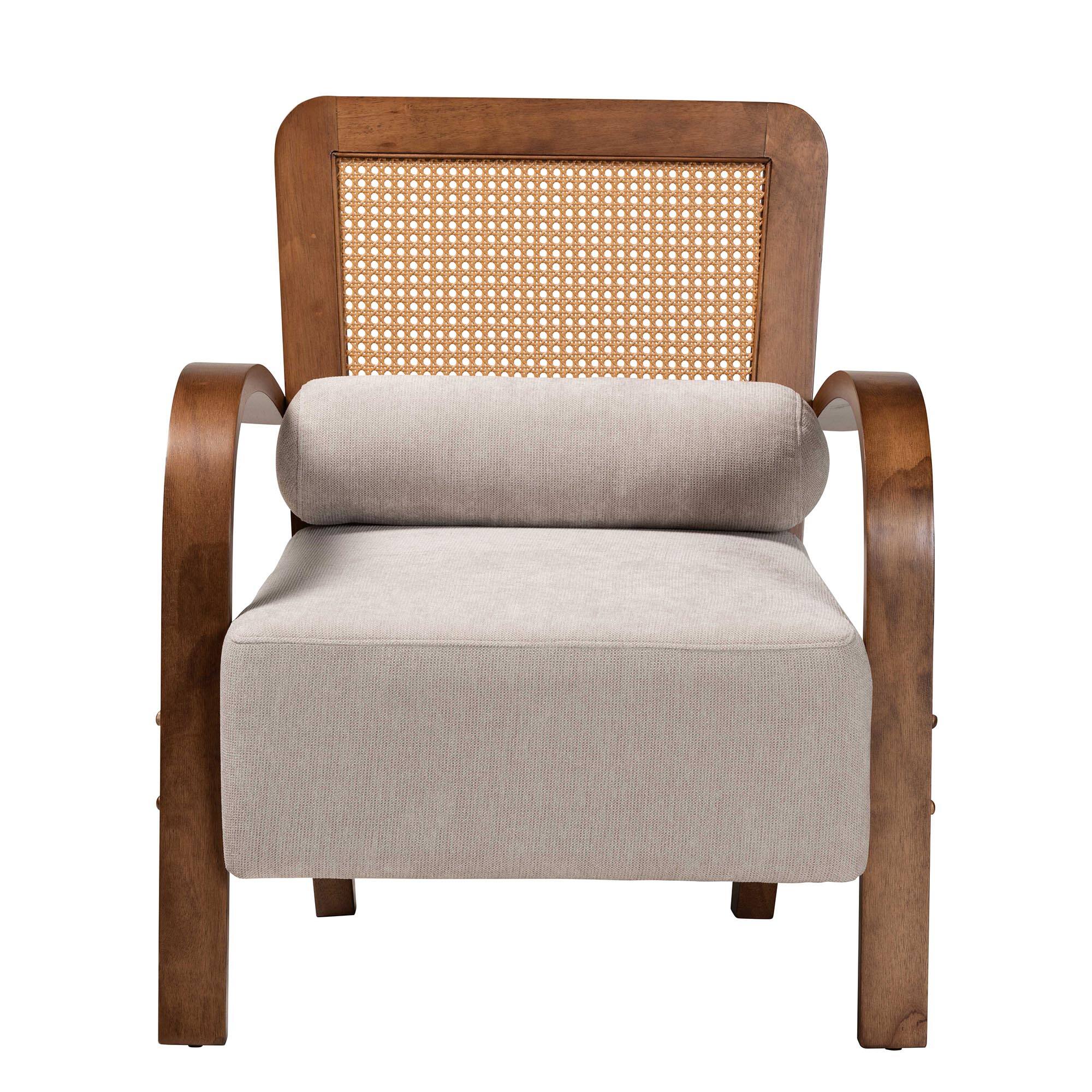 Angle. Baxton Studio - Sage Modern Japandi Fabric and Walnut Finished Wood Arm Chair with Woven Rattan - Light Grey/Walnut Brown/Natural Brown.