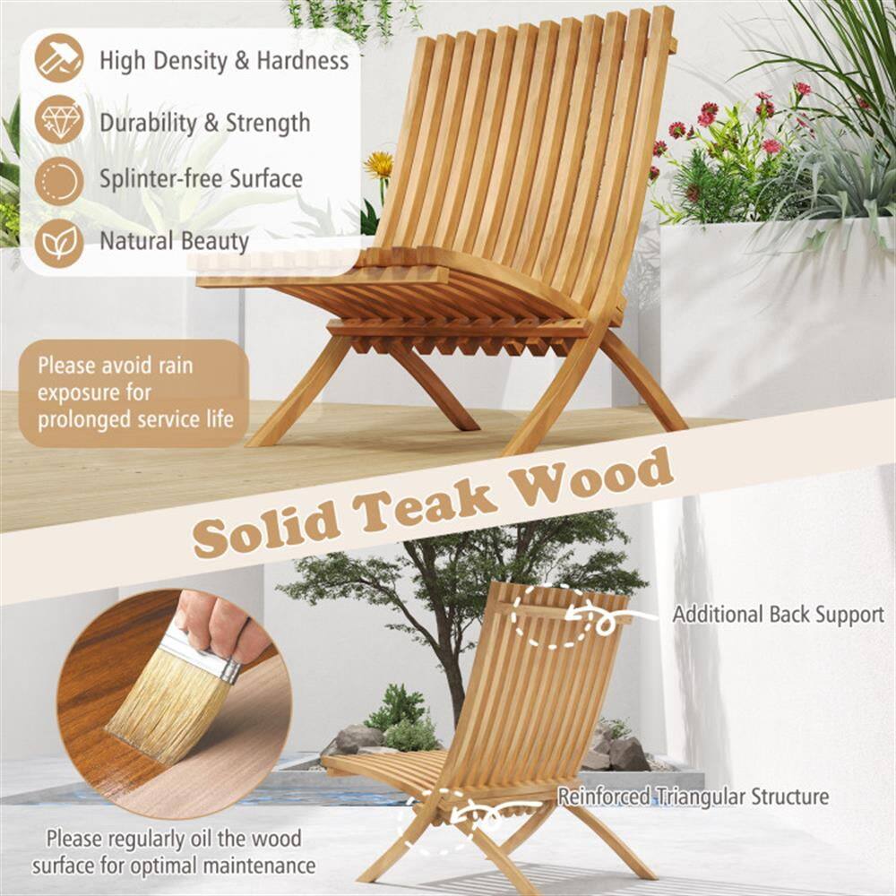 High Density & Hardness  
Durability & Strength  
Splinter-free Surface  
Natural Beauty  

Please avoid rain exposure for prolonged service life  

Solid Teak Wood  

Additional Back Support  

Please regularly oil the wood surface for optimal maintenance  

Reinforced Triangular Structure