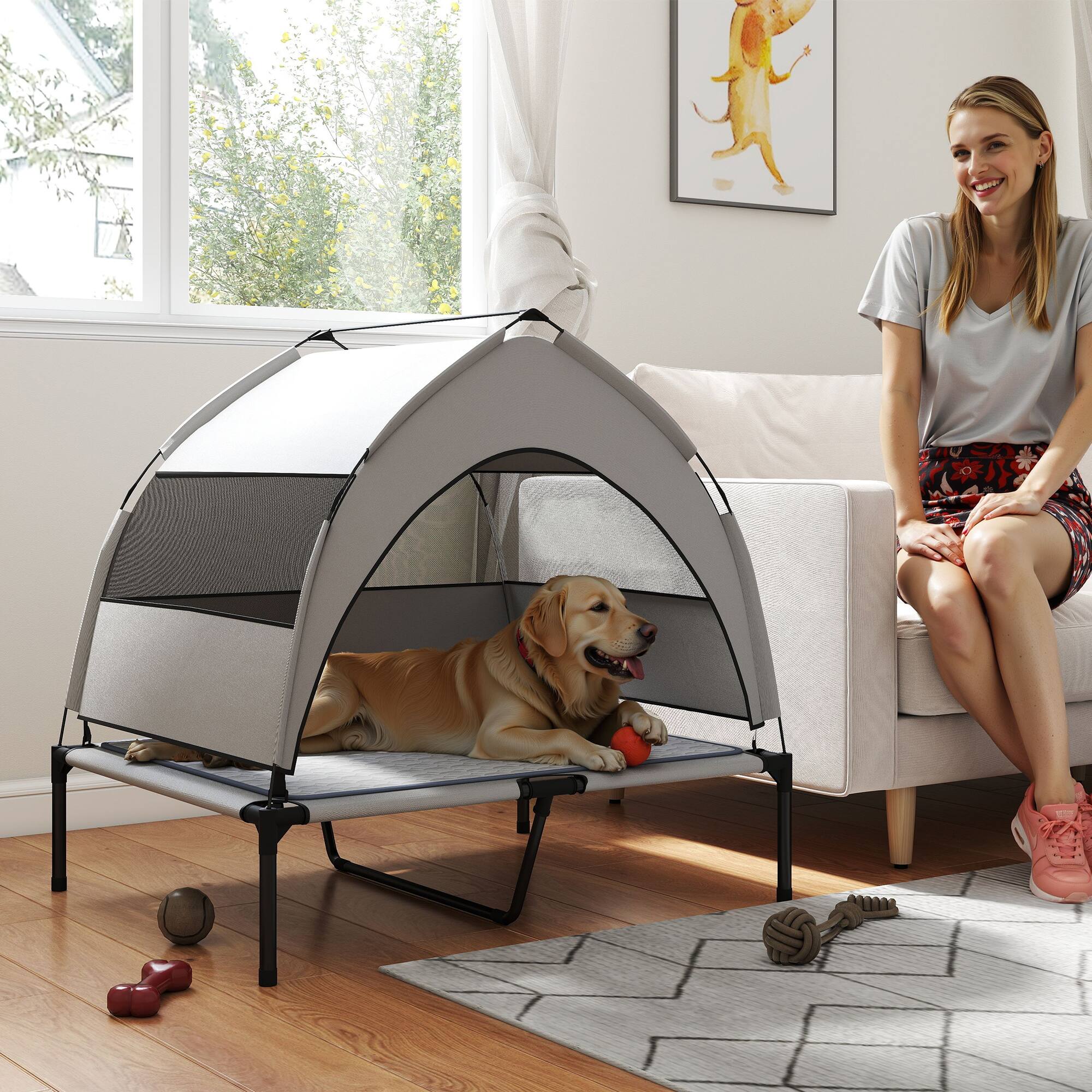 Alt View 1. Pawhut - Dog Bed with Removable Canopy, Portable Outside Raised Pet Cot with Cooling Pad, Storage Bag - Light Gray.