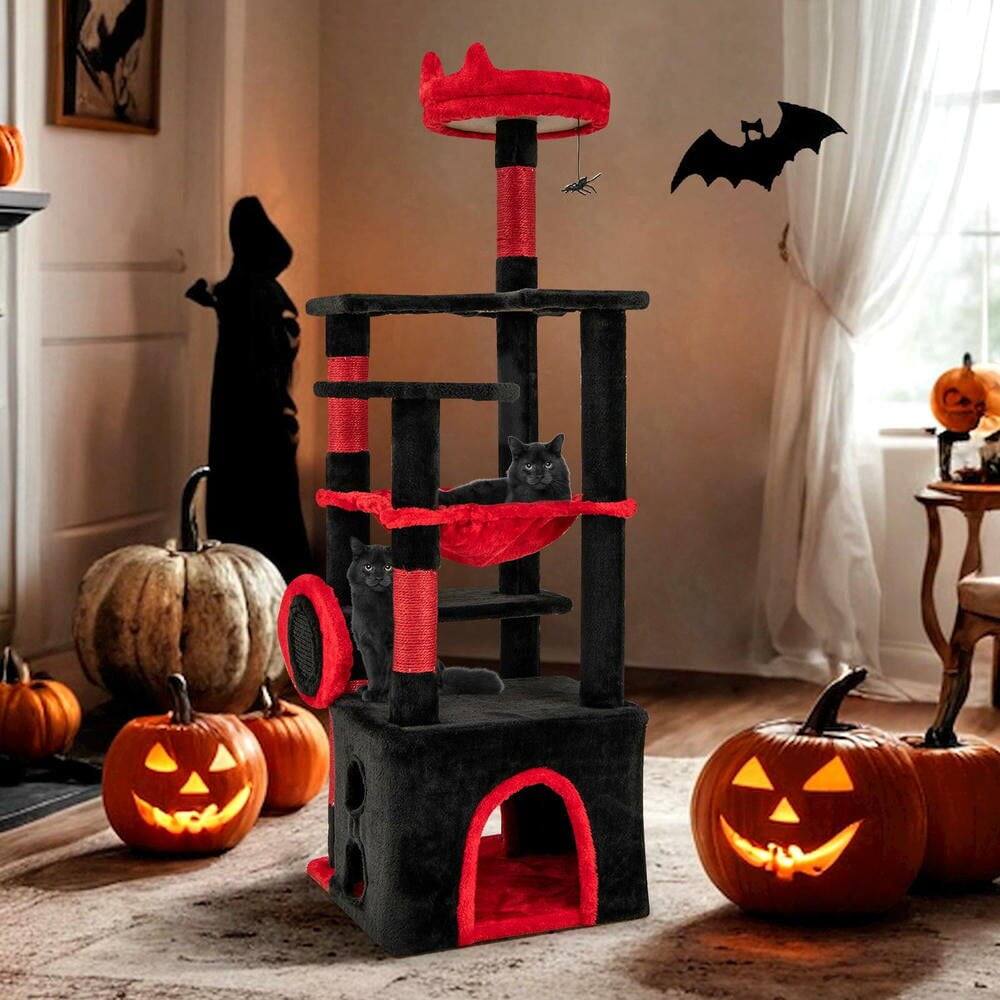 Alt View 4. Kadyn - Gothic Style Cat Tree with Plush Perch and Spider Toy, Black & Red - Black.