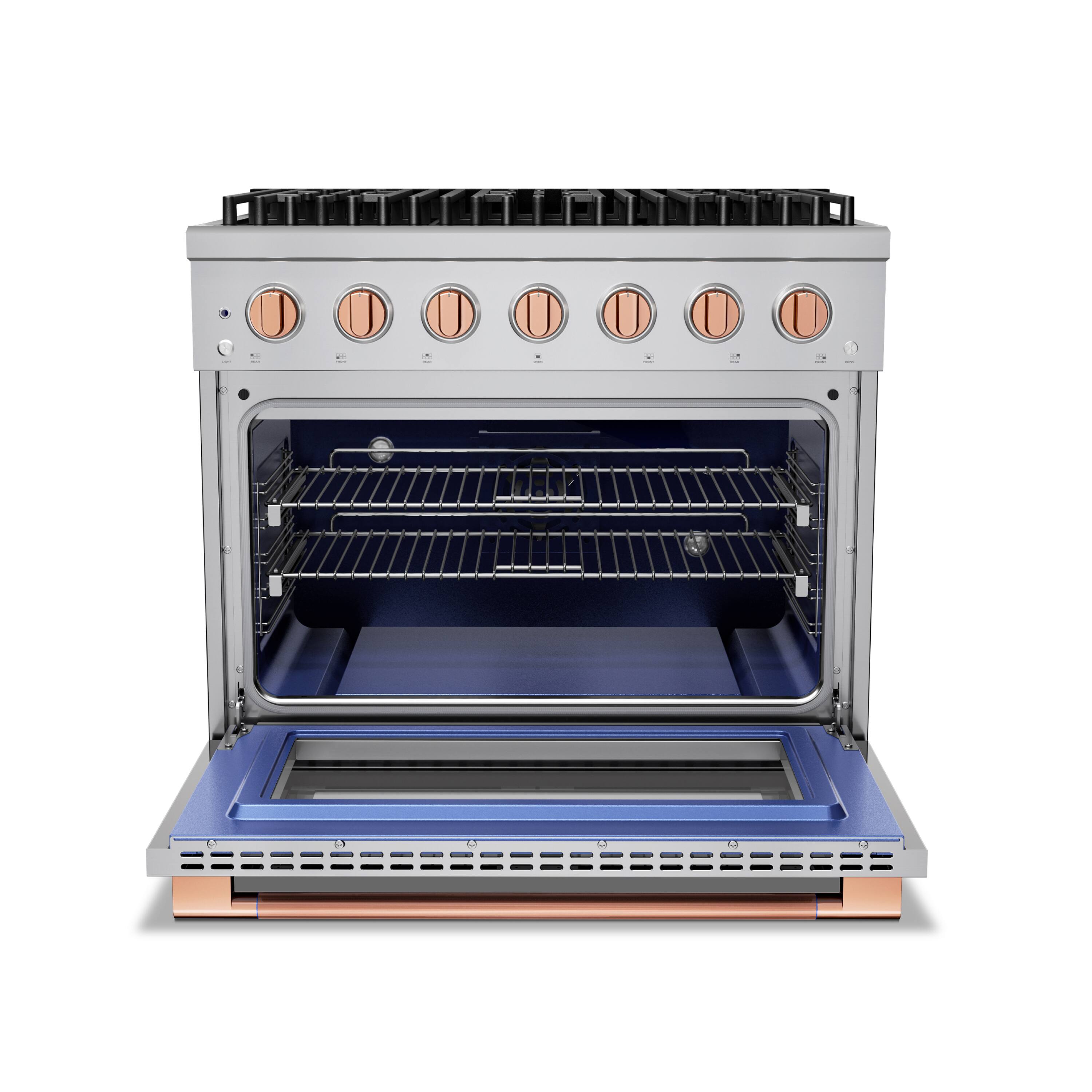 Angle. Hauslane - HausPro 36 in. 6 Burners (20,000 BTU) Freestanding Dual Fuel Range in Stainless Steel with Convection Oven Rose Gold - Rose Gold.