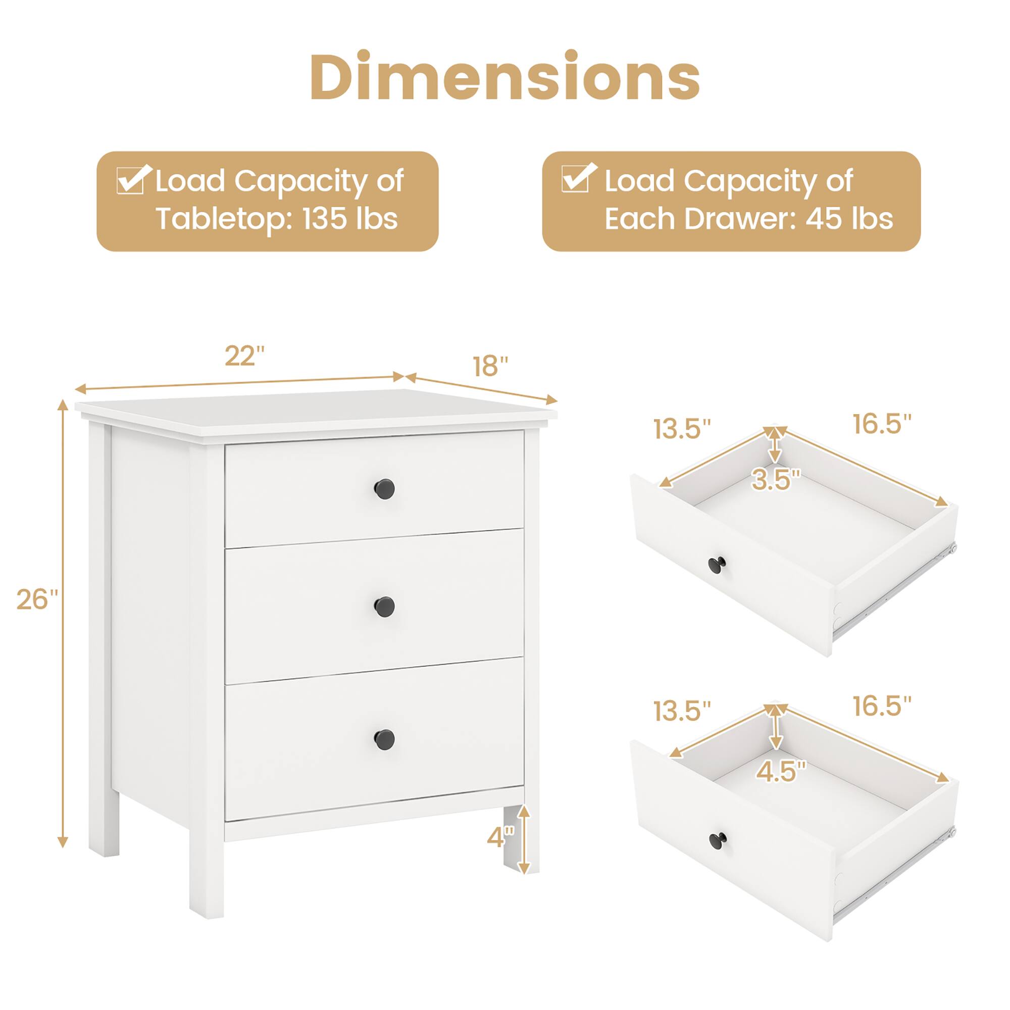Dimensions:
- Load Capacity of Tabletop: 135 lbs
- Load Capacity of Each Drawer: 45 lbs

Dimensions of the Tabletop: 22" x 18"
Dimensions of Each Drawer: 13.5" x 16.5"
Height of the Tabletop: 3.5"
Height of Each Drawer: 4.5"
Overall Height of the Dresser: 26"