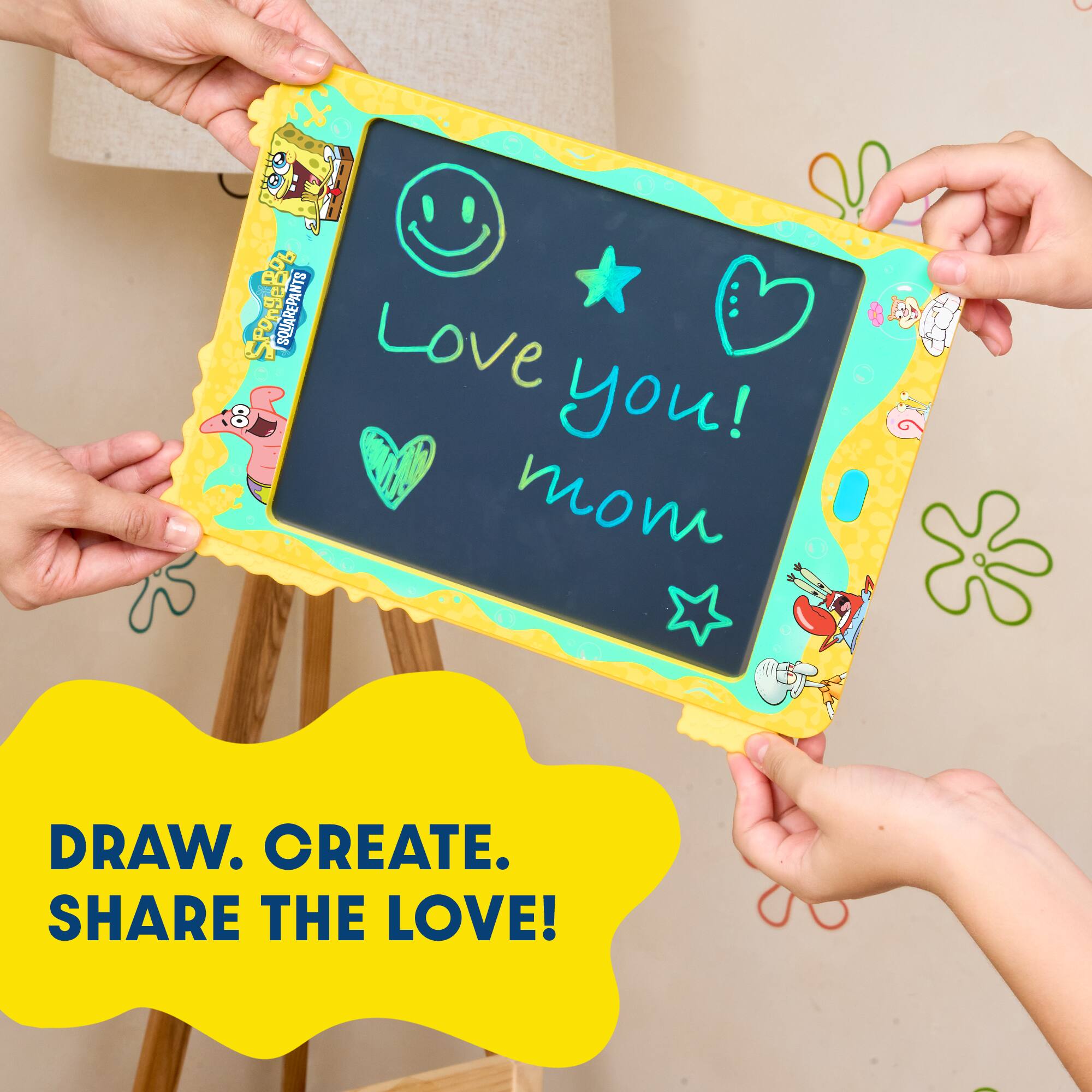 Sure, here is the corrected and grouped text from the image:

---

**Love you! mom**

**DRAW. CREATE. SHARE THE LOVE!**

---

The text on the chalkboard reads: "Love you! mom" with various doodles around it. The text at the bottom of the image reads: "DRAW. CREATE. SHARE THE LOVE!"