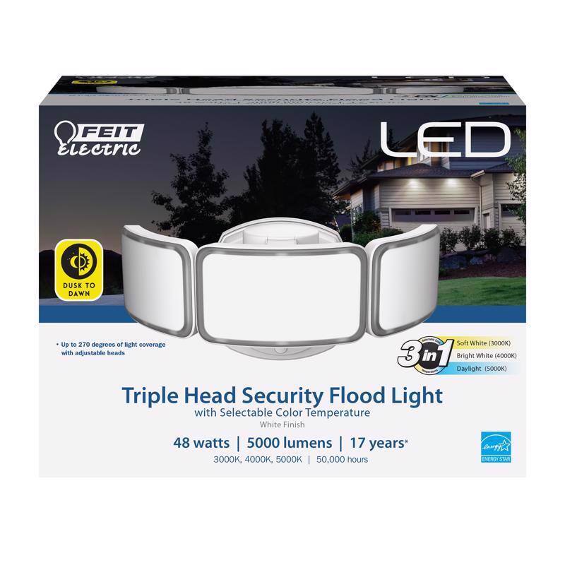 FEIT Electric LED Dusk to Dawn Triple Head Security Flood Light  
Up to 270 degrees of light coverage with adjustable heads  
3-in-1 in Soft White (3000K), Bright White (4000K), Daylight (5000K)  
Selectable Color Temperature  
White Finish  
48 watts | 5000 lumens | 17 years*  
3000K, 4000K, 5000K | 50,000 hours  
ENERGY STAR