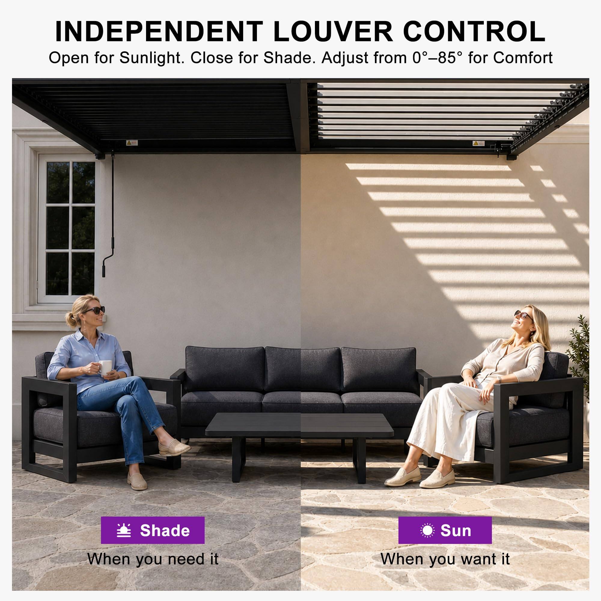 INDEPENDENT LOUVER CONTROL  
Open for Sunlight. Close for Shade. Adjust from 0°–85° for Comfort  

Shade  
When you need it  

Sun  
When you want it