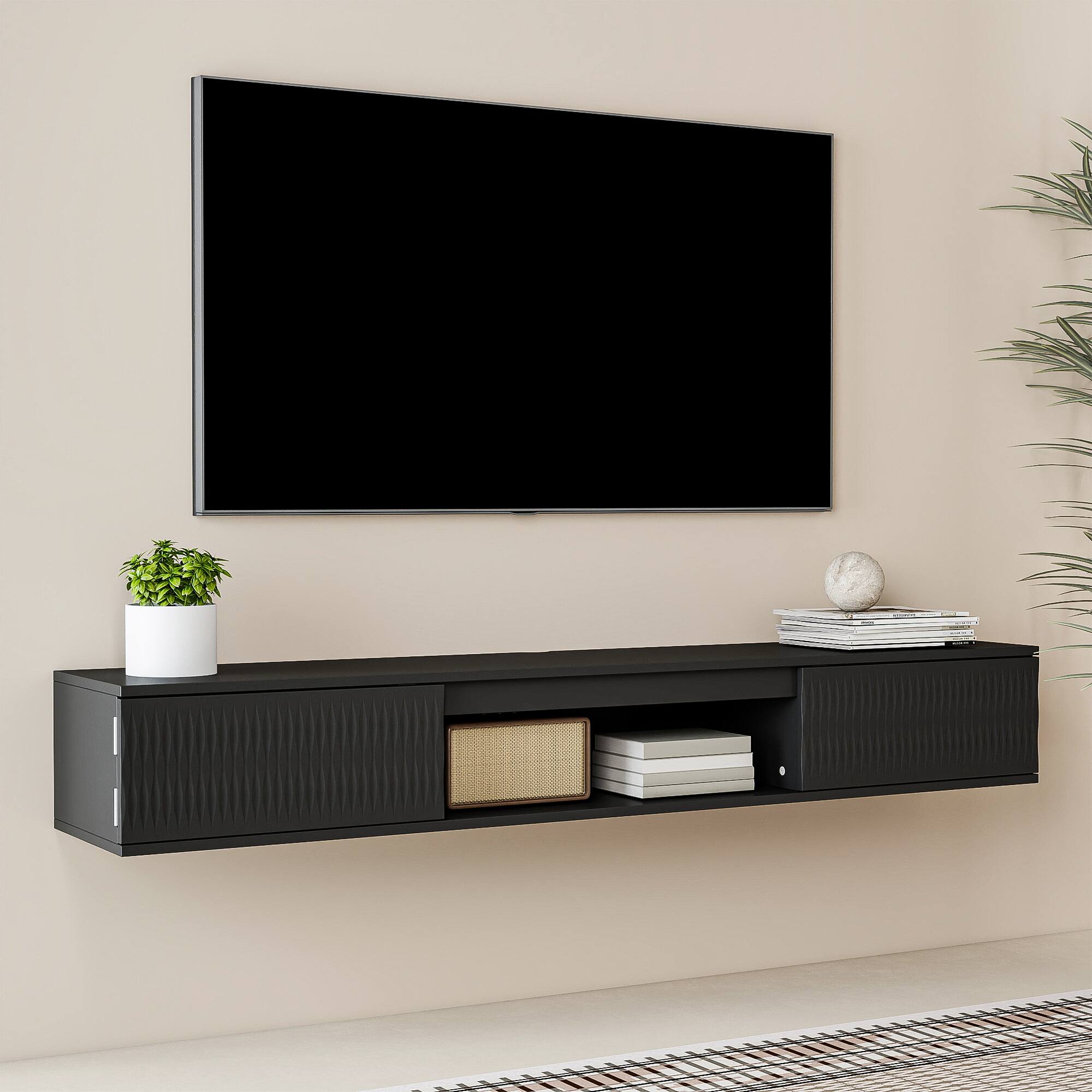 Left. Kadyn - Wall-Mounted Floating TV Stand with LED Lighting and Twisted Texture Design - Black.