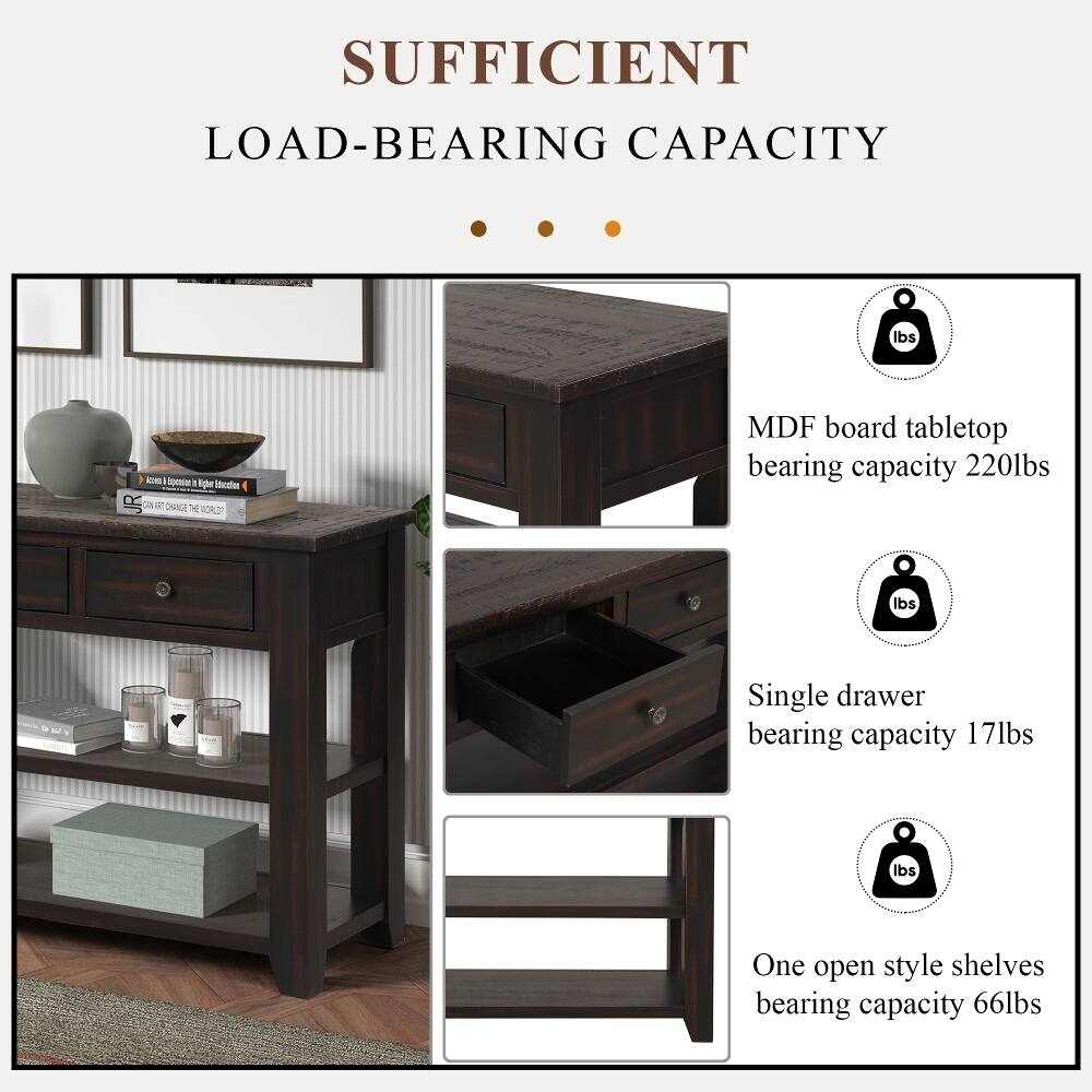 SUFFICIENT LOAD-BEARING CAPACITY

MDF board tabletop bearing capacity 220lbs

Single drawer bearing capacity 17lbs

One open style shelves bearing capacity 66lbs