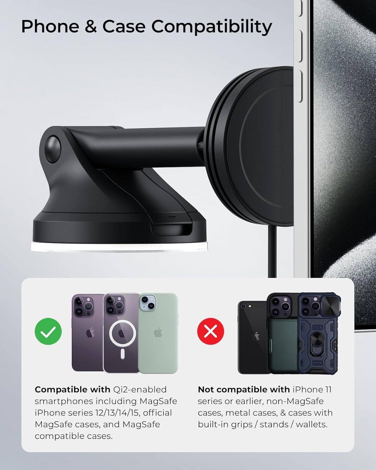 Phone & Case Compatibility: Compatible with Qi2-enabled smartphones including MagSafe iPhone series 12/13/14/15, official MagSafe cases, and MagSafe compatible cases. Not compatible with iPhone 11 series or earlier, non-MagSafe cases, metal cases, or cases with built-in grips/stands/wallets.