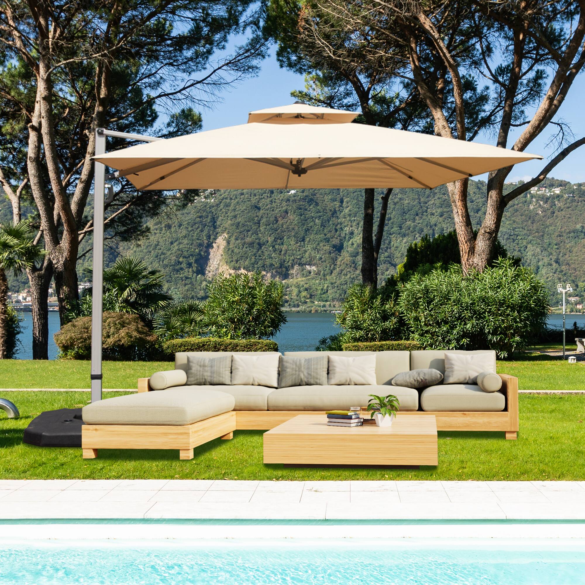 Alt View 8. Ecooso - 10'X10' Square Cantilever Umbrella with Center Pole(Base Not Included) - Beige.