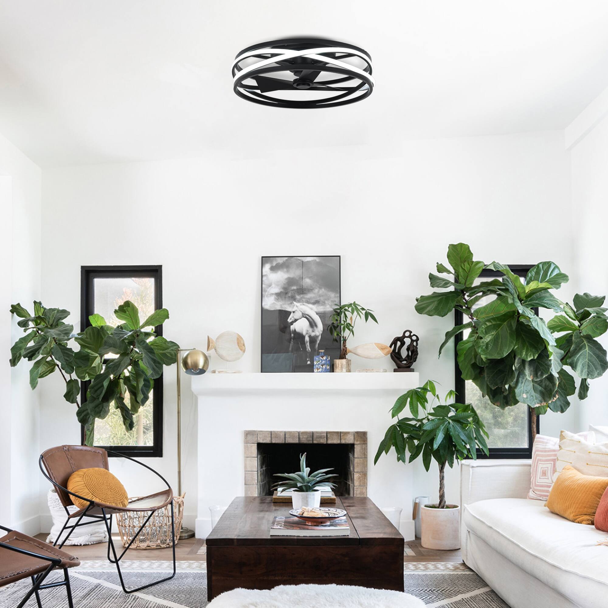 Left. Parrot Uncle - 20-inch Matte Black Flush Mount Low Profile Ceiling Fan with Remote and Light Kits - Black.