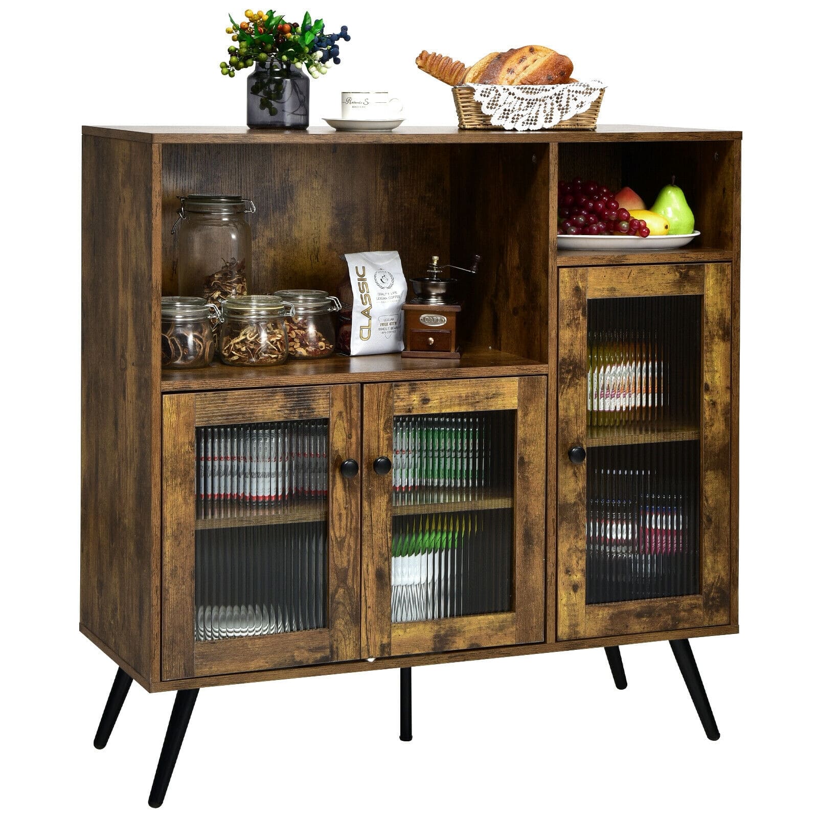 Ecooso - Kitchen Storage Cabinet with Glass Door, Adjustable Shelves Buffet Sideboard Console - Rustic Brown