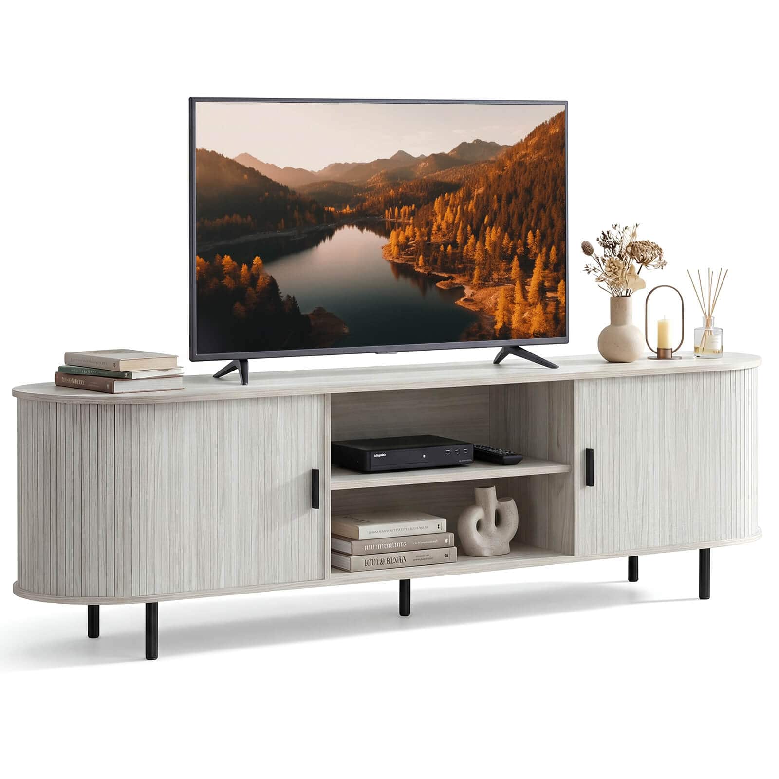 Costway - TV Stand for 80" TVs with Fluted Sliding Doors & Open Shelves for Living Room - Natural White