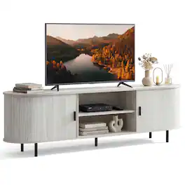 Costway - TV Stand for 80" TVs with Fluted Sliding Doors & Open Shelves for Living Room - Natural White
