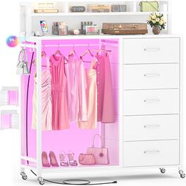 Aheaplus - Bedroom Dresser with 5 Drawers, Clothes Rack, Shelves, Charging Station, LED Lights & Lockable Wheels - Bedroom/Entryway - White