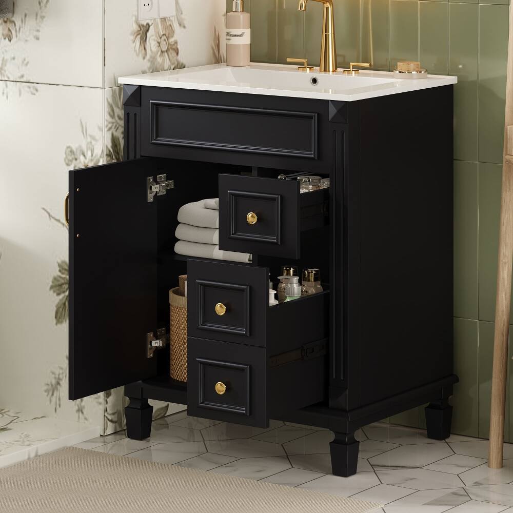 Angle. Loheer - Loheer 24 inch bathroom vanity with sink, small bathroom sink cabinet with 2 drawers, black - Black.