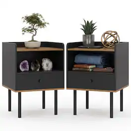 WELLFOR - Set of 2 Nightstands with Drawer and Shelf for Bedroom & Living Room - Black