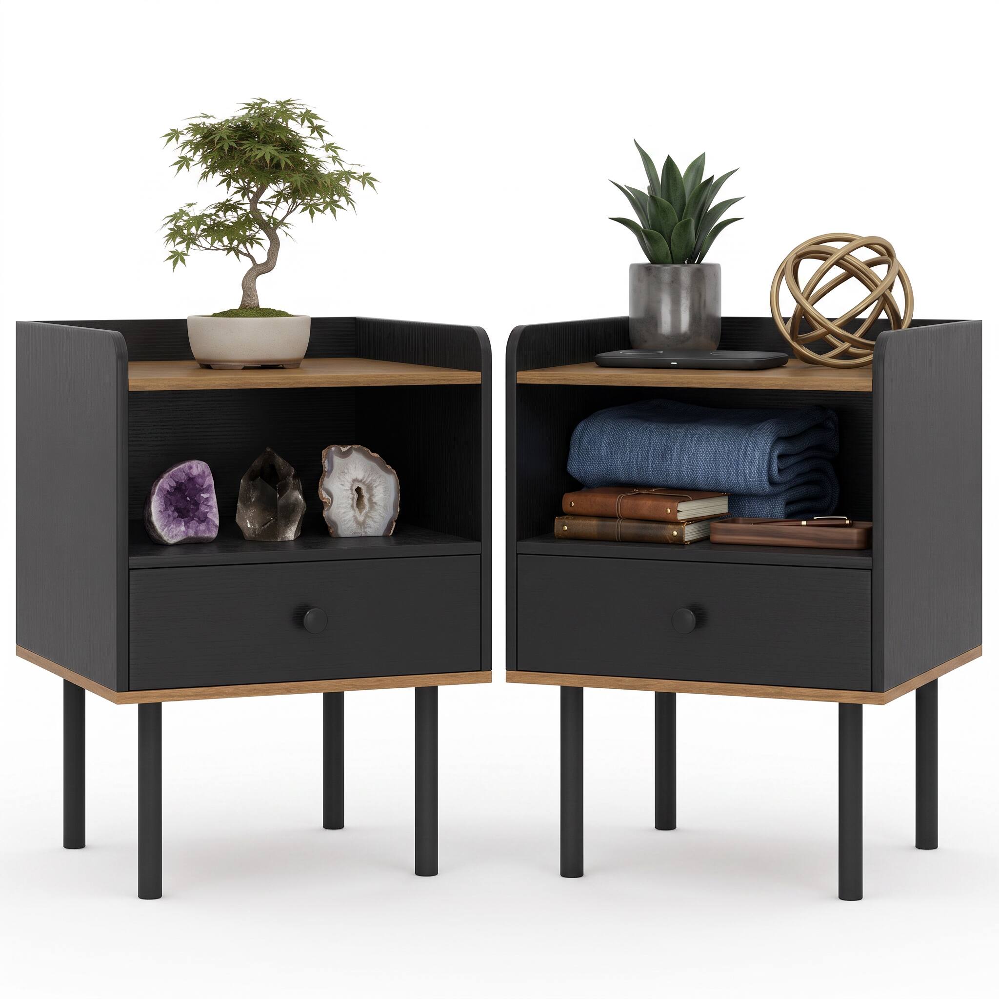 Front. WELLFOR - Set of 2 Nightstands with Drawer and Shelf for Bedroom & Living Room - Black.