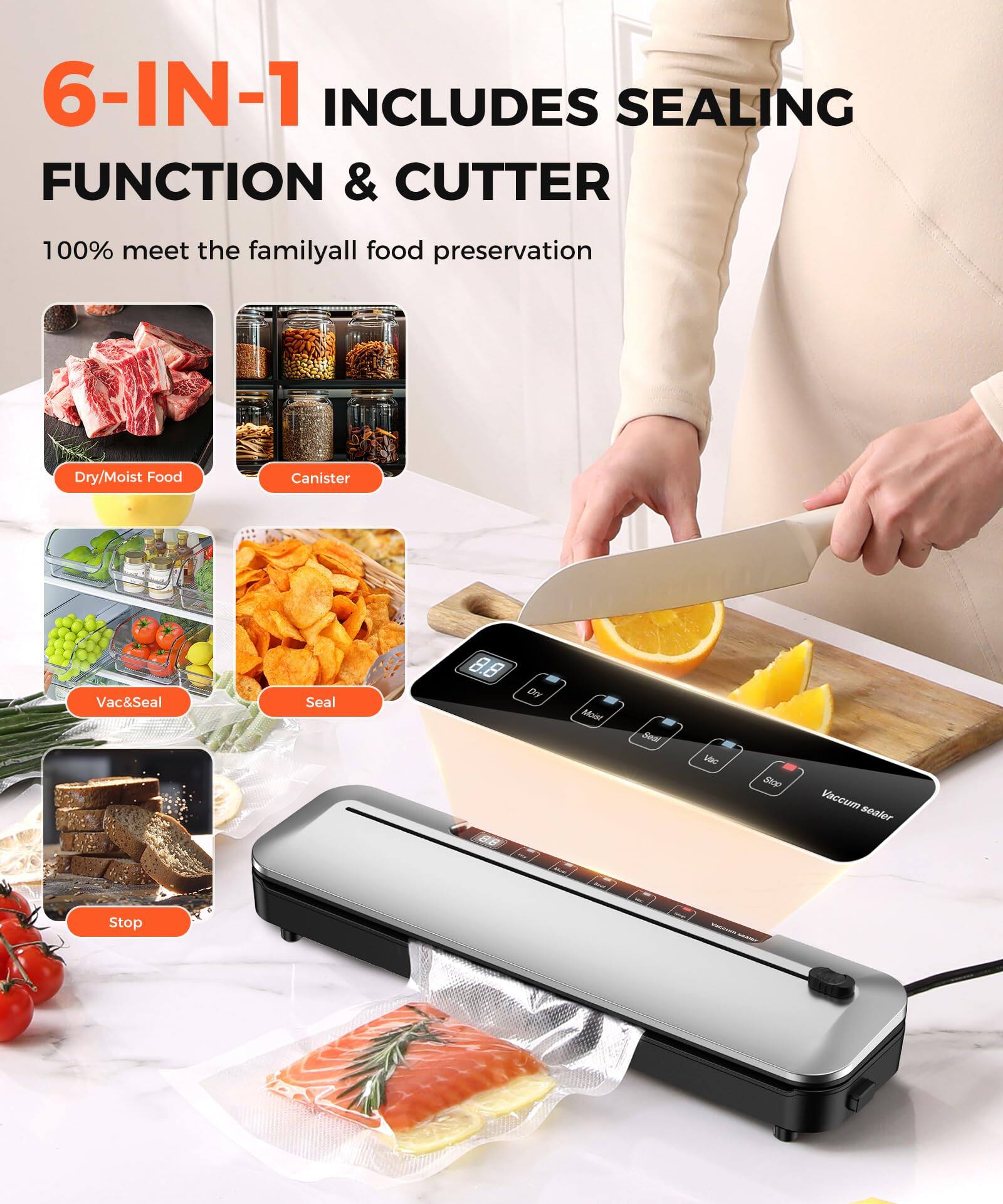 6-IN-1 INCLUDES SEALING FUNCTION & CUTTER  
100% meet the family all food preservation  

- Dry/Moist Food  
- Canister  
- Vac&Seal  
- Seal  
- Stop