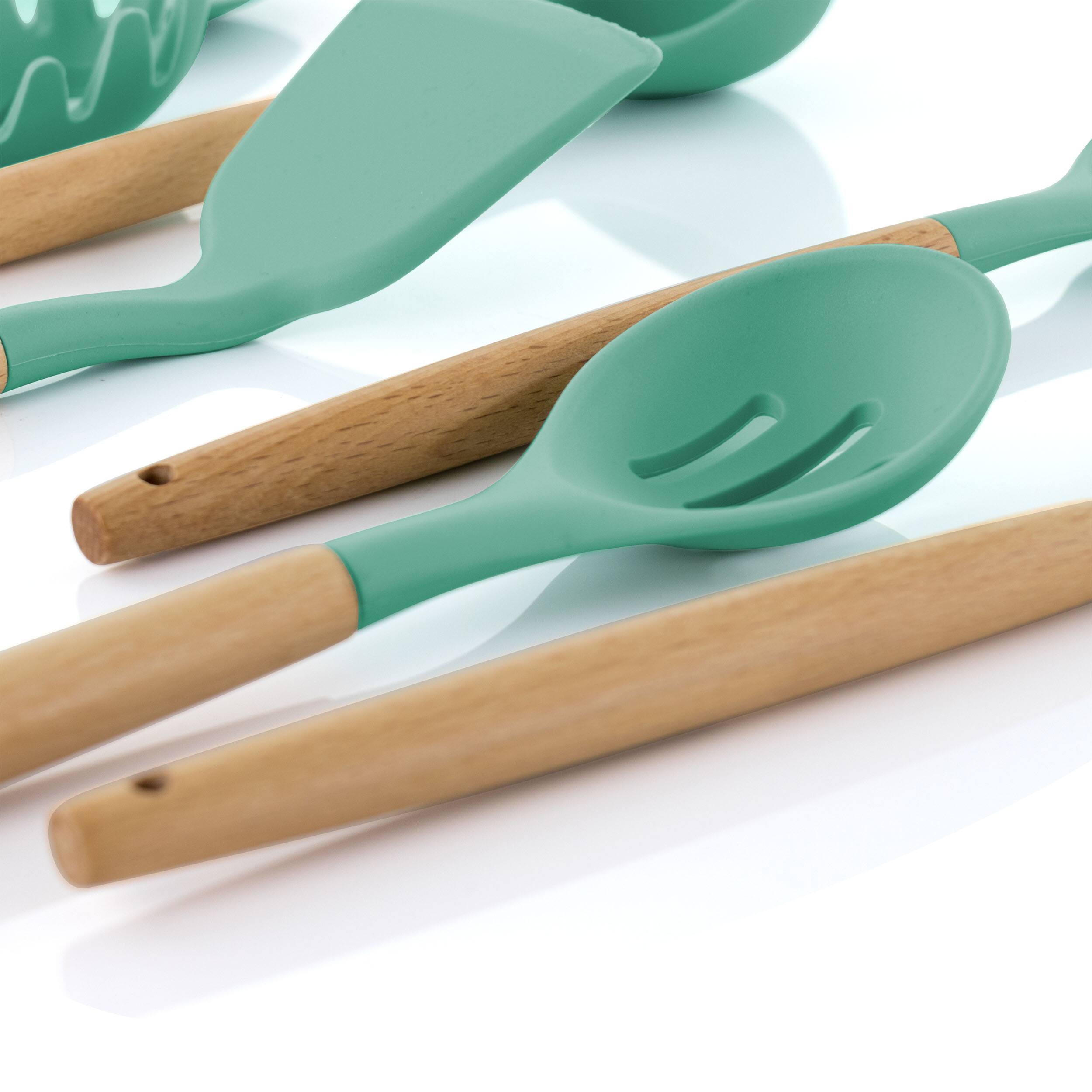 Alt View 1. MegaChef - MegaChef Mint Green Silicone and Wood Cooking Utensils, Set of 9 - Mint Green.