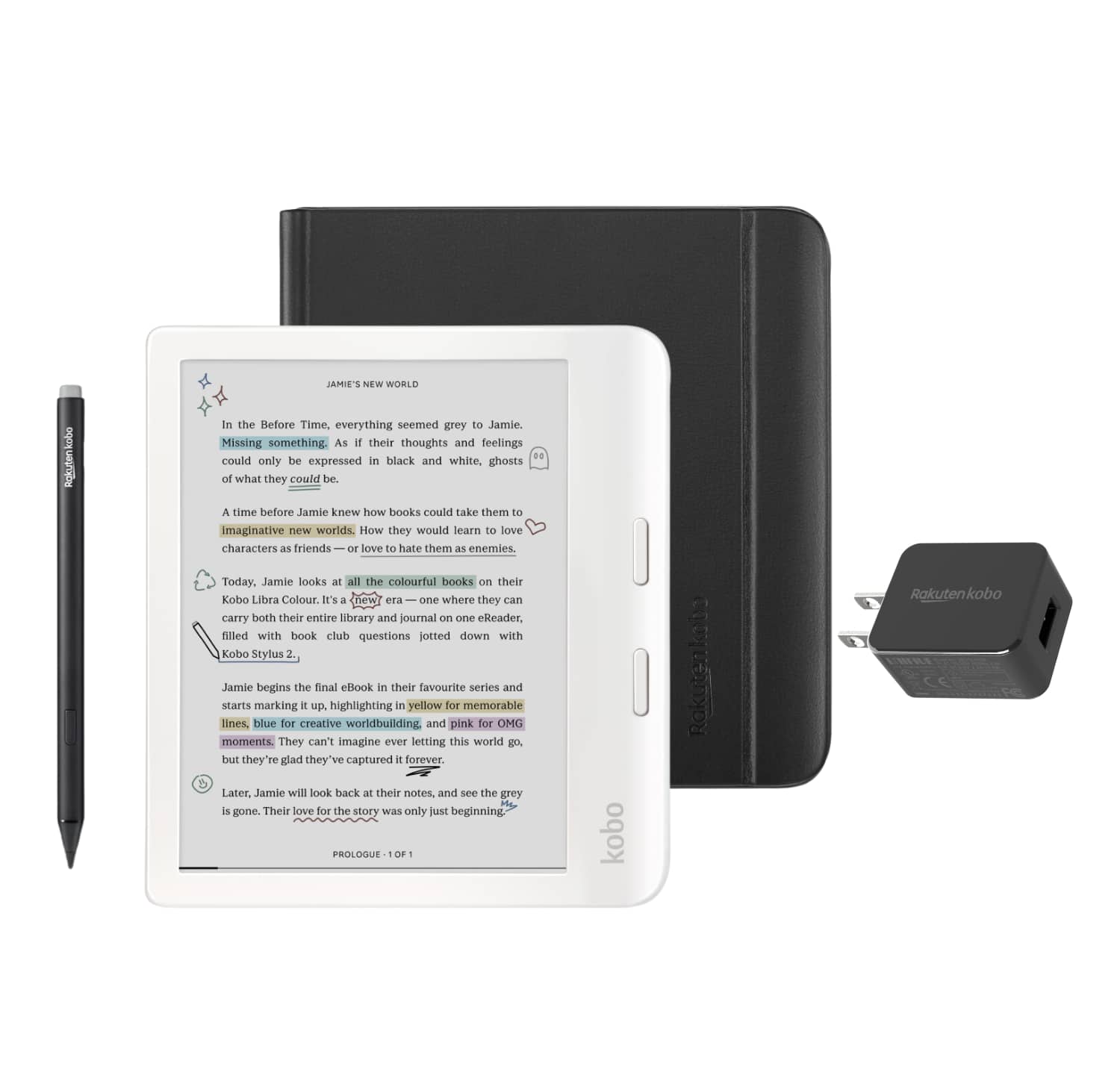 Kobo - Libra Colour eReader (White) with Stylus 2Gen and AC Bundle - 2024 - Black Notebook SleepCover