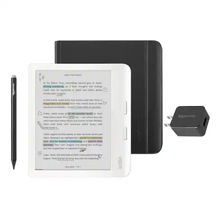 **Jamie's New World**
In the Before Time, everything seemed grey to Jamie. Missing something. As if their thoughts and feelings could only be expressed in black and white, ghosts of what they could be.
A time before Jamie knew how books could take them to imaginative new worlds. How they would learn to love characters as friends—or love to hate them as enemies.
Today, Jamie looks at all the colourful books on their Kobo Libra Colour. It's a new era—one where they can carry both their entire library and journal on one eReader, filled with book club questions jotted down with Kobo Stylus 2.
Jamie begins the final book in their favourite series and starts marking it up, highlighting in yellow for memorable lines, blue for creative worldbuilding, and pink for OMG moments. They can't imagine ever letting this world go, but they're glad they've captured it forever.
Later, Jamie will look back at their notes, and see the grey is gone. Their love for the story was only just beginning.
**Prologue - 1 of 1**