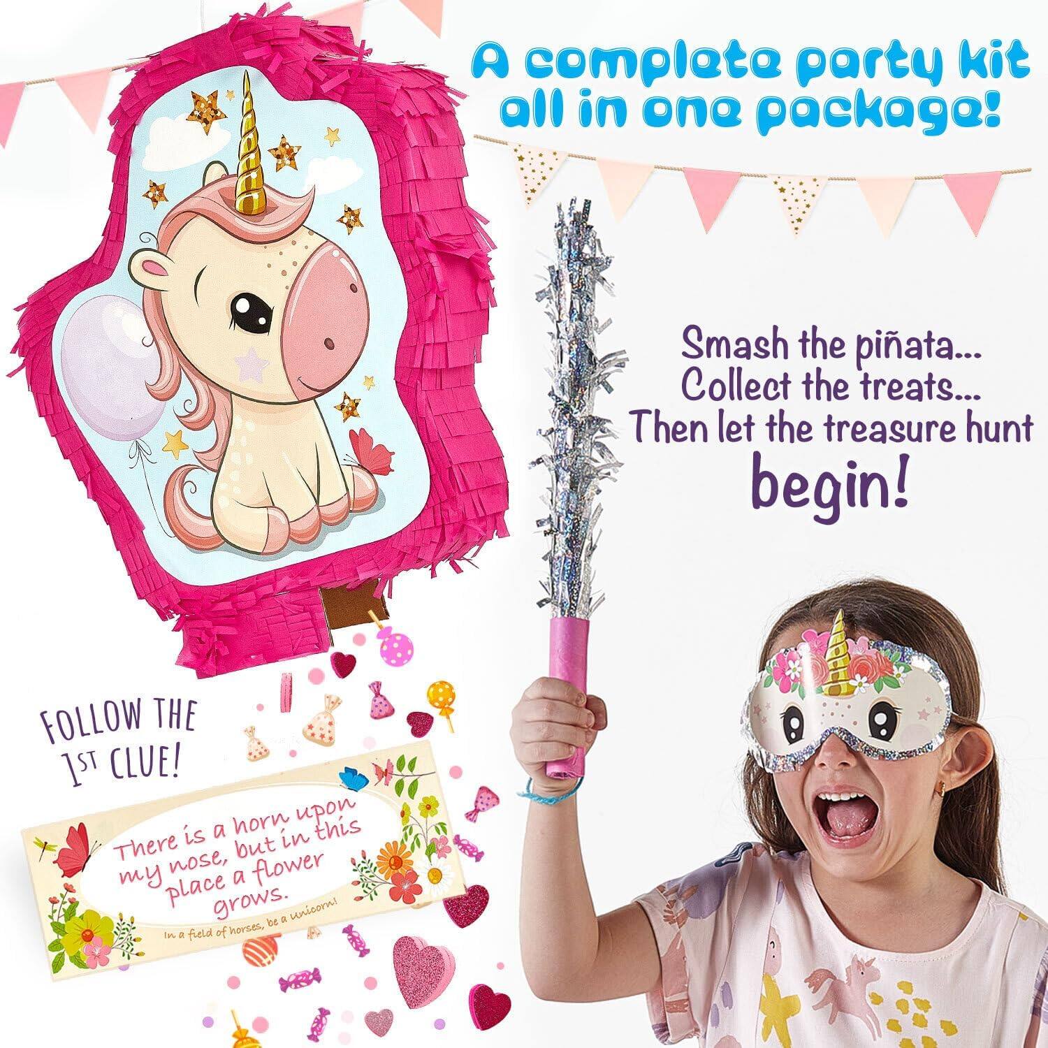 A complete party kit all in one package!

Smash the piñata...
Collect the treats...
Then let the treasure hunt begin!

FOLLOW THE 1ST CLUE!
There is a horn upon my nose, but in this place a flower grows.
In a field of horses, be a unicorn!