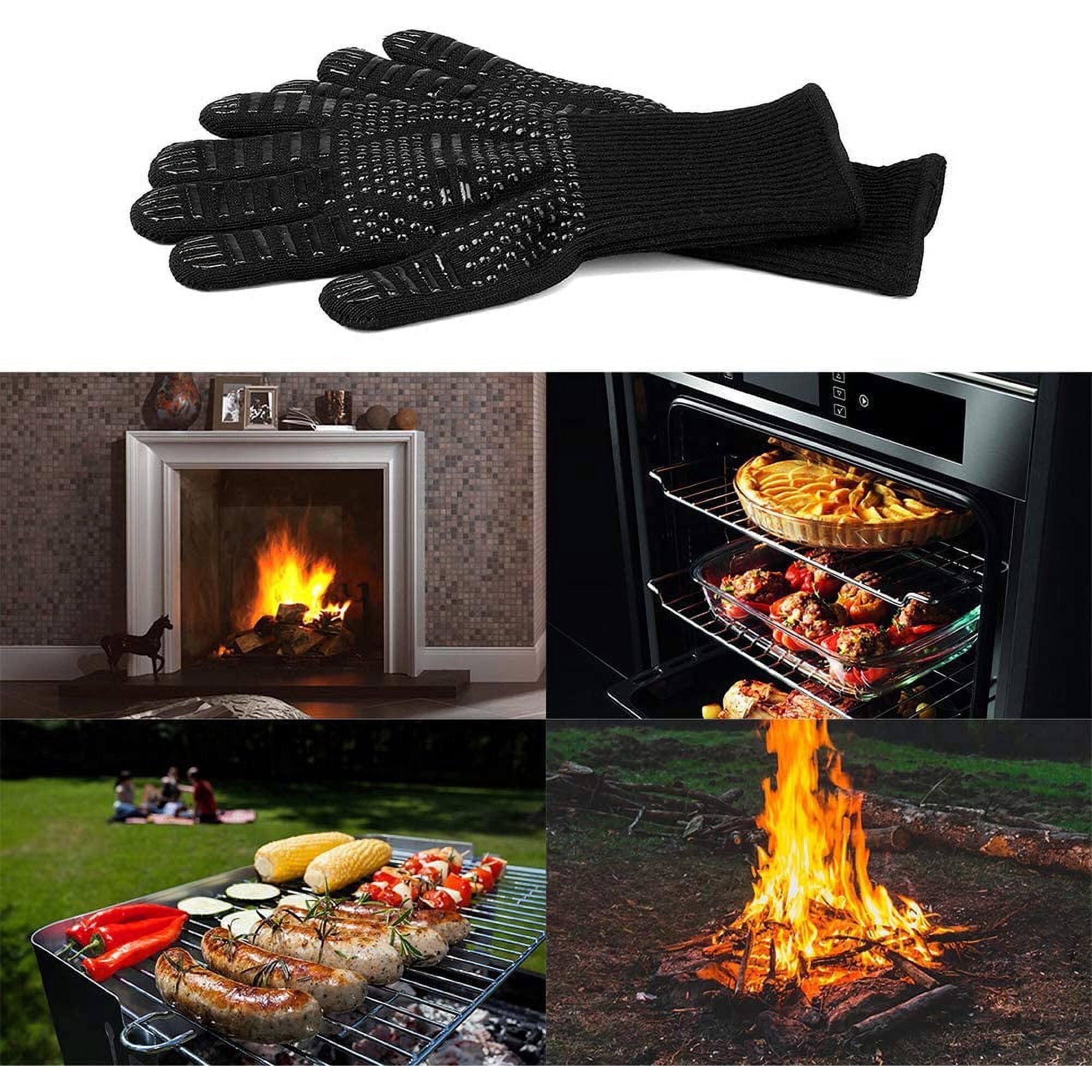 Alt View 3. MOVSSOU - Oven Mitts BBQ Gloves Heat Resistant Barbecue Grilling Oven Mitts Baking Camping - black.