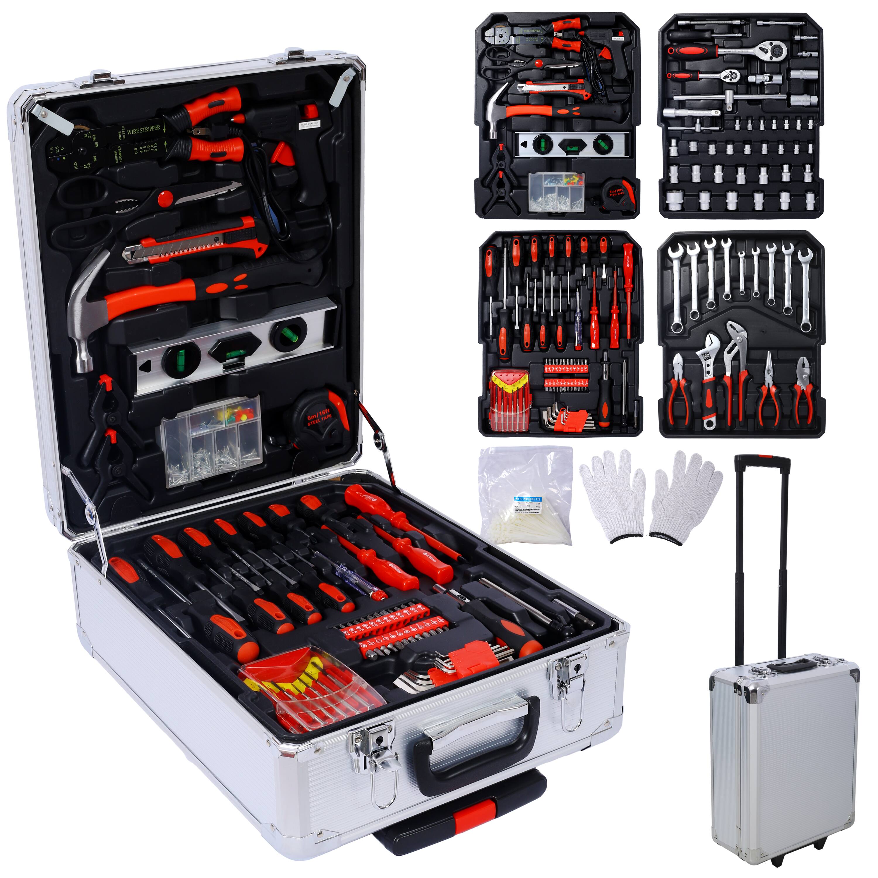 Front. ELEMENT ACE - 899-Piece Home Repair Tool Set with Rolling Toolbox - General Household & DIY - Silver.
