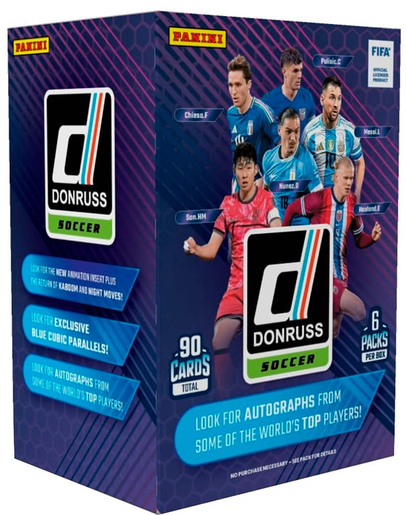 PAMI PANINI Pulisic.C FIFA' OFFICIAL LICENSED PRODUCT 0 DONRUSS SOCCER LOOK FOR THE NEW ANIMATION INSERT PLUS THE RETURN OF KABOOM AND NIGHT MOVES! LOOK FOR BLUE EXCLUSIVE CUBIC PARALLELS! LOOK FOR AUTOGRAPHS FROM SOME OF THE WORLD'S TOP PLAYERS! Chiesa.F A Messi Nunez.0 TB Hoalond.E Son.HM 0 6 90. DONRUSS PACKS PER BOX CARDS SOCCER TOTAL FROM AUTOGRAPHS FROM TOP PLAYERS! LOOK FOR DETAILS ON HOW TO GET A FREE PACK FOR NO PURCHASE NECESSARY.