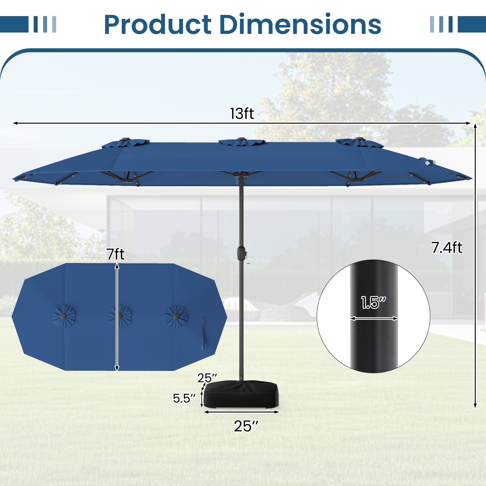 Product Dimensions: 13ft x 7ft x 7.4ft, 1.5", 25" x 5.5" x 25"