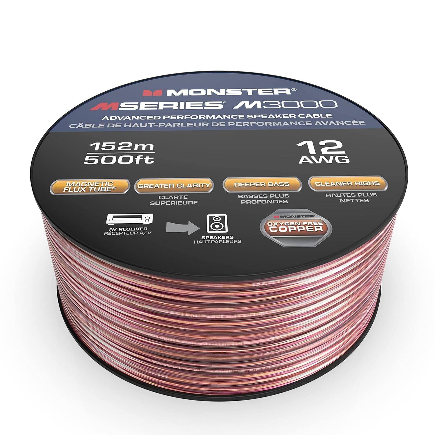 Monster - 500FT 12-gauge XP CCA speaker wire spool—ideal for home theater systems and car audio installations, flexible & durable - Rose Gold