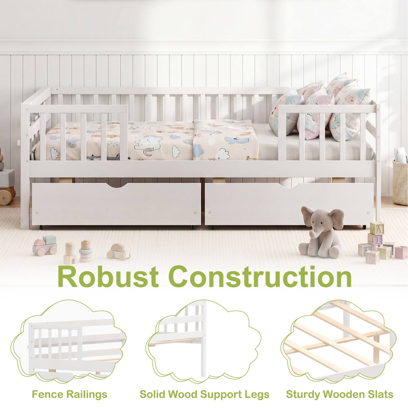 Robust Construction  
Fence Railings  
Solid Wood Support Legs  
Sturdy Wooden Slats