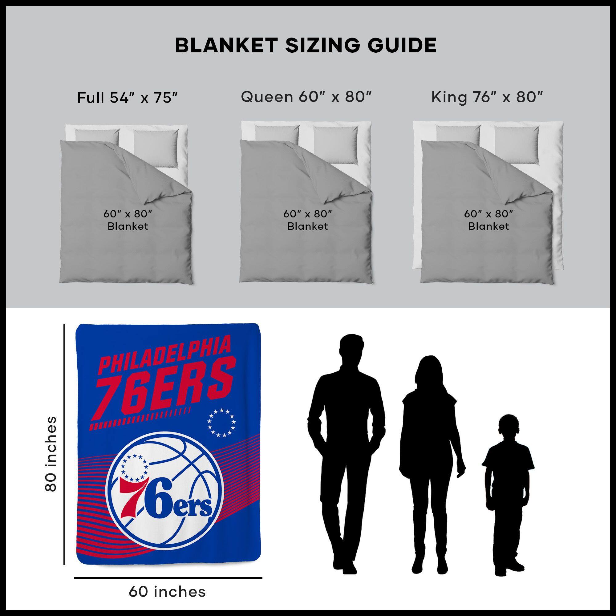 BLANKET SIZING GUIDE

Full 54" x 75"  
Queen 60" x 80"  
King 76" x 80"  

60" x 80" Blanket  
60" x 80" Blanket  
60" x 80" Blanket  

PHILADELPHIA 76ERS  

60 inches  
80 inches