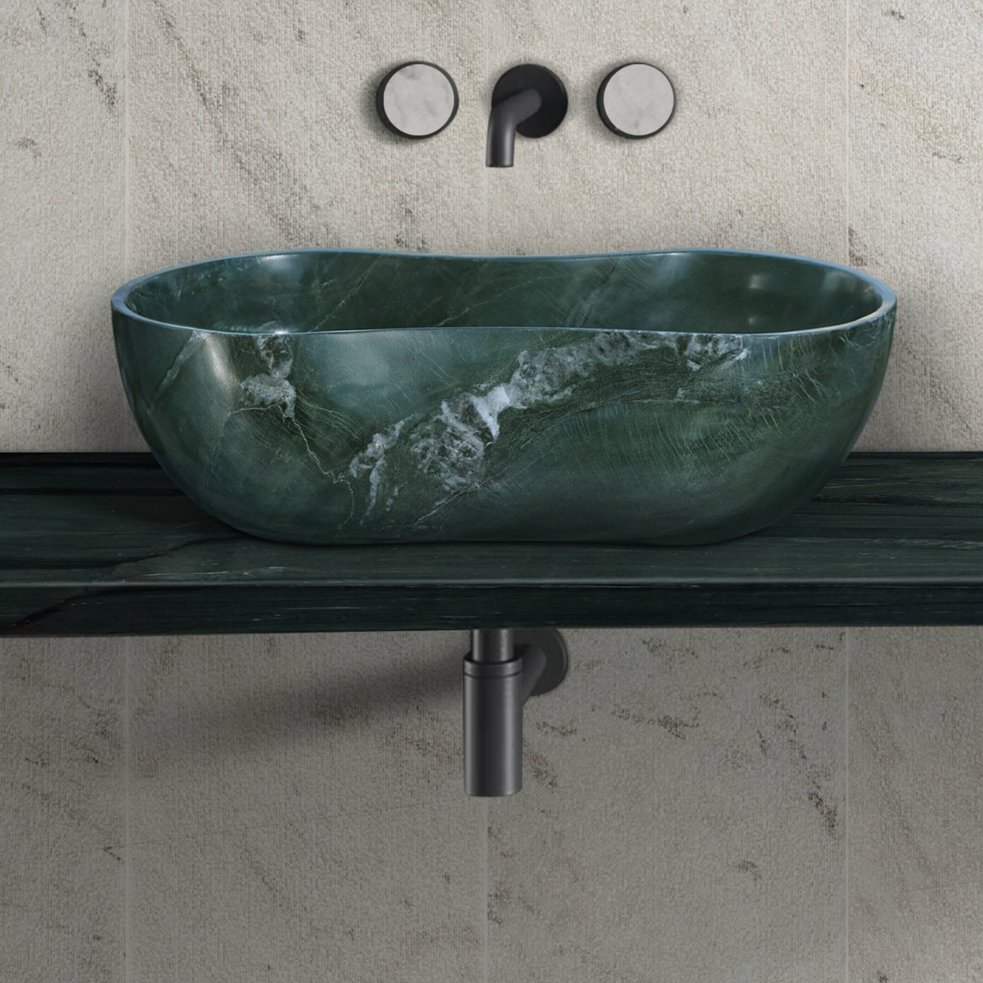 Front. ELEMENT ACE - Elegant Natural Marble Bathroom Vessel Sink with Polished Surface, Wavy Design for Modern Decor - Green.