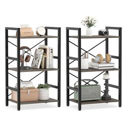 Costway - 2 Pcs Industrial Bookshelf, 16.5" Width Wooden Open Bookcase with Metal Frame - Gray Oak + Black
